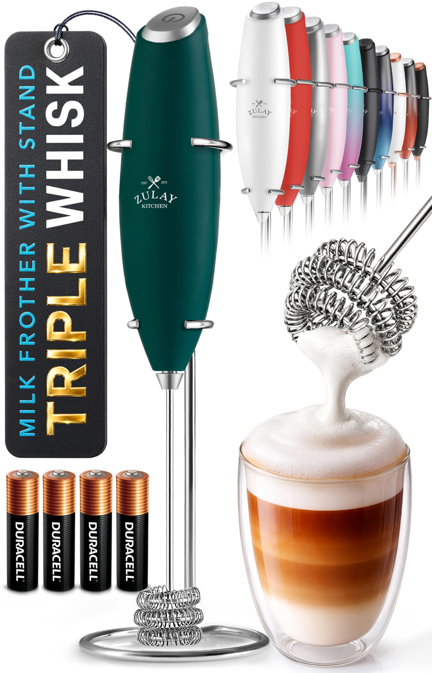 Zulay Kitchen Powerful Milk Frother Wand With Duracell Batteries - Ultra Fast Handheld Drink Mixer - Electric Whisk Foam Maker for Coffee, Lattes, Cappuccino & Matcha - Z1 Motor - Black
