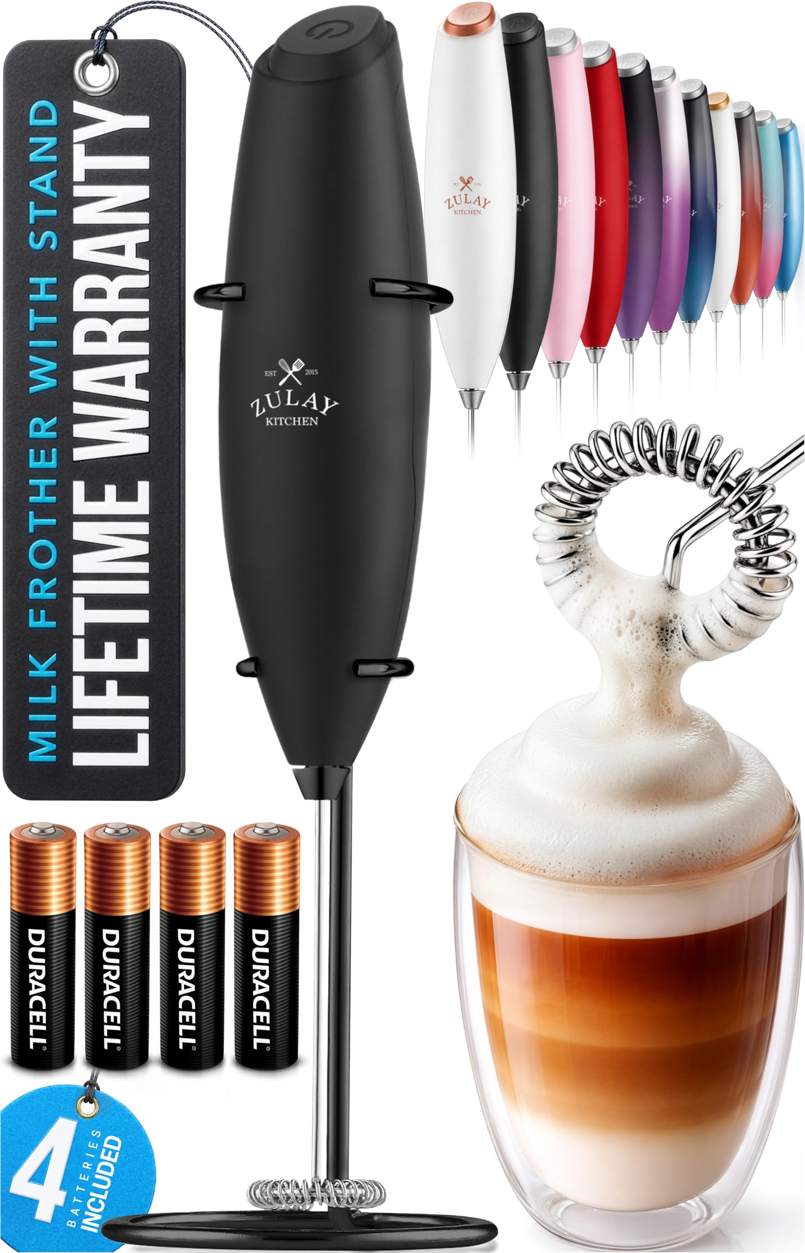 Zulay Kitchen Powerful Milk Frother Wand With Duracell Batteries - Ultra Fast Handheld Drink Mixer - Electric Whisk Foam Maker for Coffee, Lattes, Cappuccino & Matcha - Z1 Motor - Black