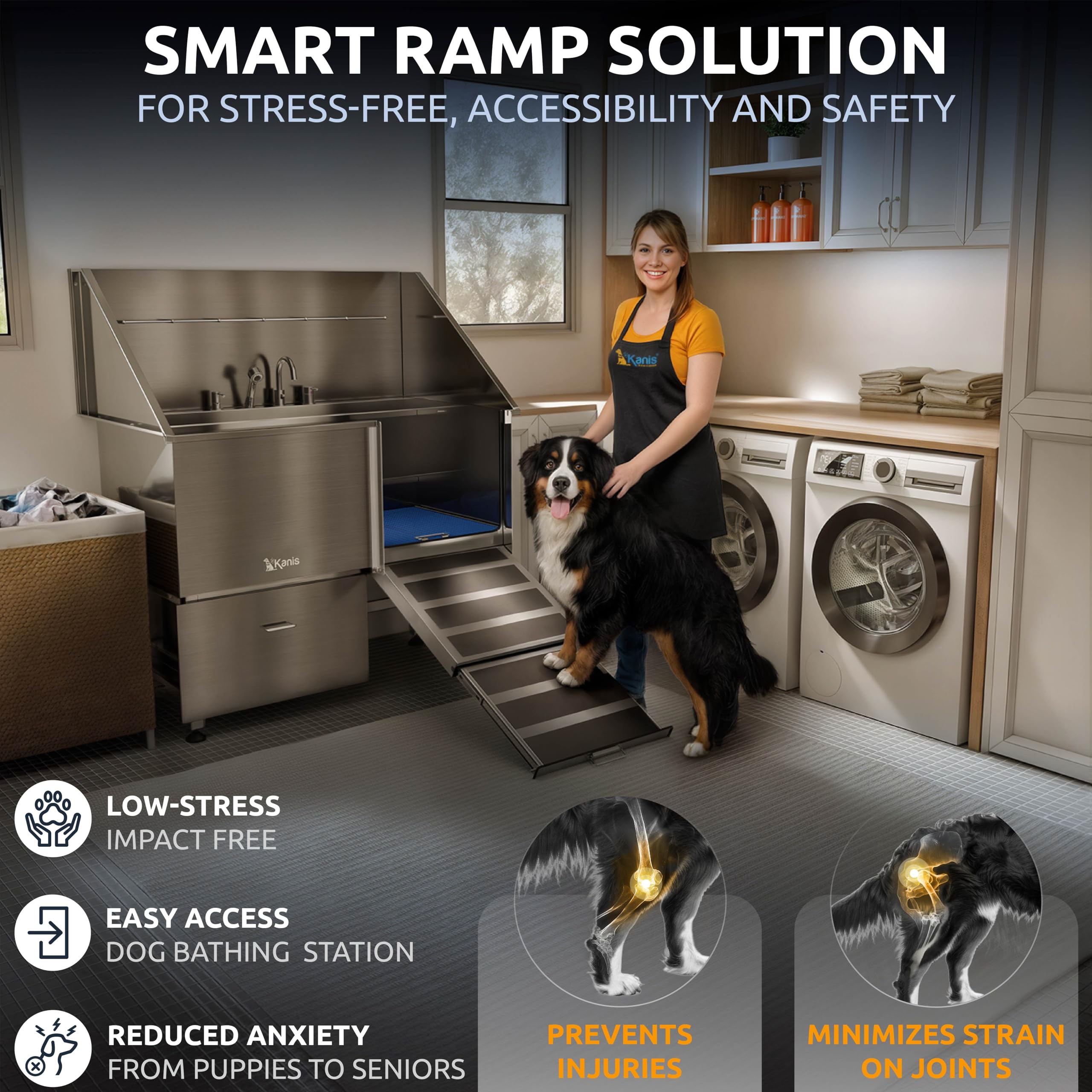 KANIS Professional Dog Washing Station 304 Stainless Steel Pet Wash Sink & Grooming Bathtub w/Shower, Floor Grates and Storage for Large, Medium & Small Pets (Silver, 50 Inches, Right Ramp, 1 Drawer)