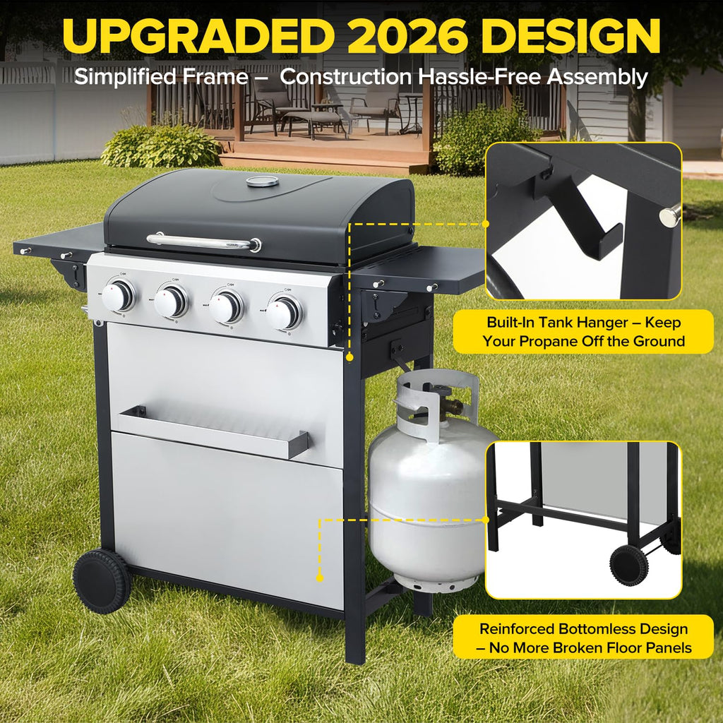4 Burner Gas Grill with Foldable Shelves, 40,000 BTU Stainless Steel Propane BBQ Grill, 387 Sq. In. Cooking Space, Portable Outdoor Grill for Patio, Backyard, Camping & Tailgating