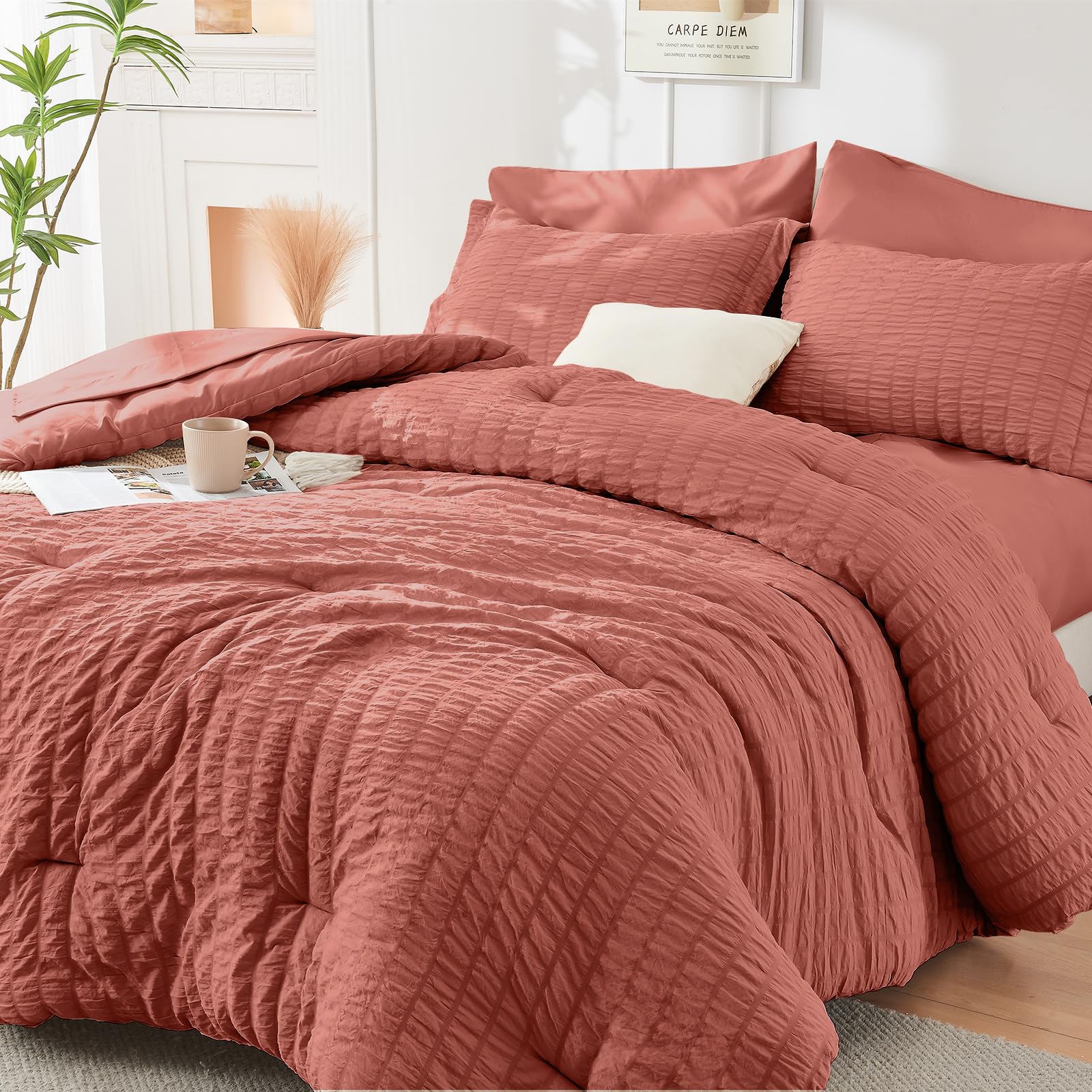 HYMOKEGE Twin XL Comforter Set Seersucker 5 Pieces, All Season Luxury Bed in a Bag for Bedroom, Bedding Set with Comforter, Sheet, Pillowcase & Sham, Dark Grey