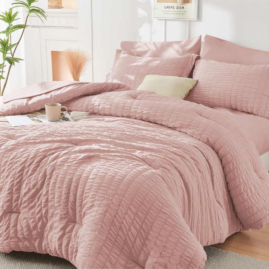 HYMOKEGE Twin XL Comforter Set Seersucker 5 Pieces, All Season Luxury Bed in a Bag for Bedroom, Bedding Set with Comforter, Sheet, Pillowcase & Sham, Dark Grey