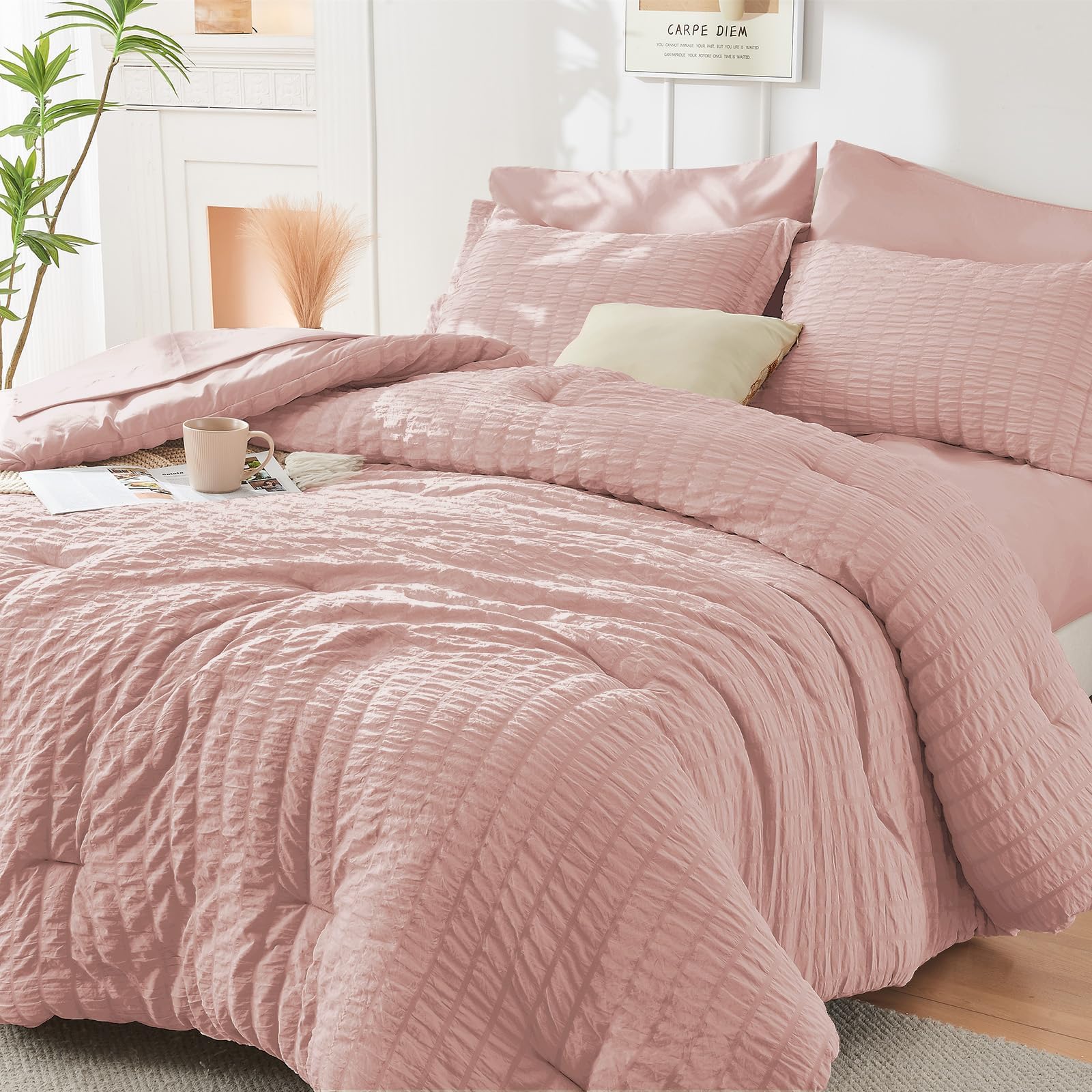 HYMOKEGE Twin XL Comforter Set Seersucker 5 Pieces, All Season Luxury Bed in a Bag for Bedroom, Bedding Set with Comforter, Sheet, Pillowcase & Sham, Dark Grey