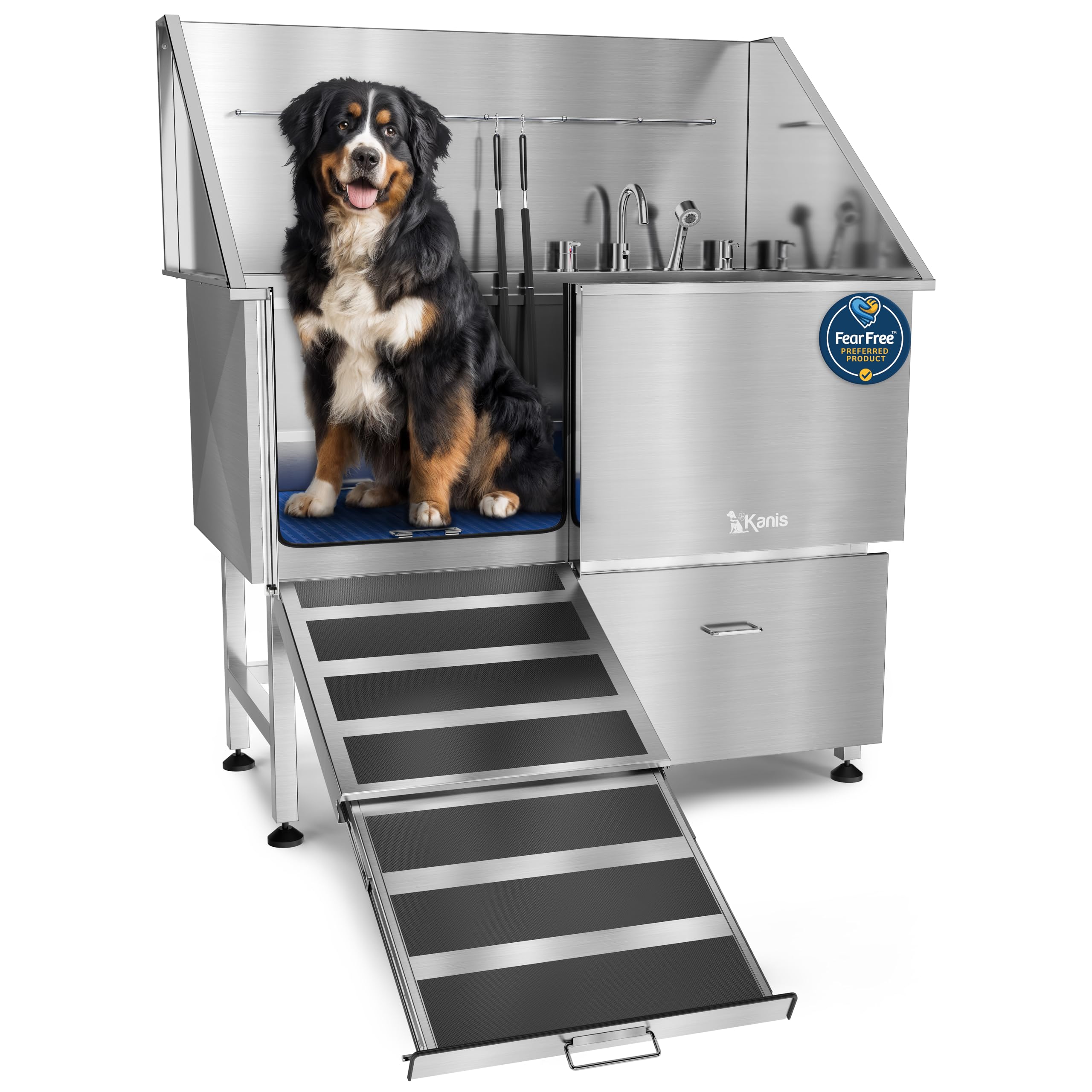 KANIS Professional Dog Washing Station 304 Stainless Steel Pet Wash Sink & Grooming Bathtub w/Shower, Floor Grates and Storage for Large, Medium & Small Pets (Silver, 50 Inches, Right Ramp, 1 Drawer)