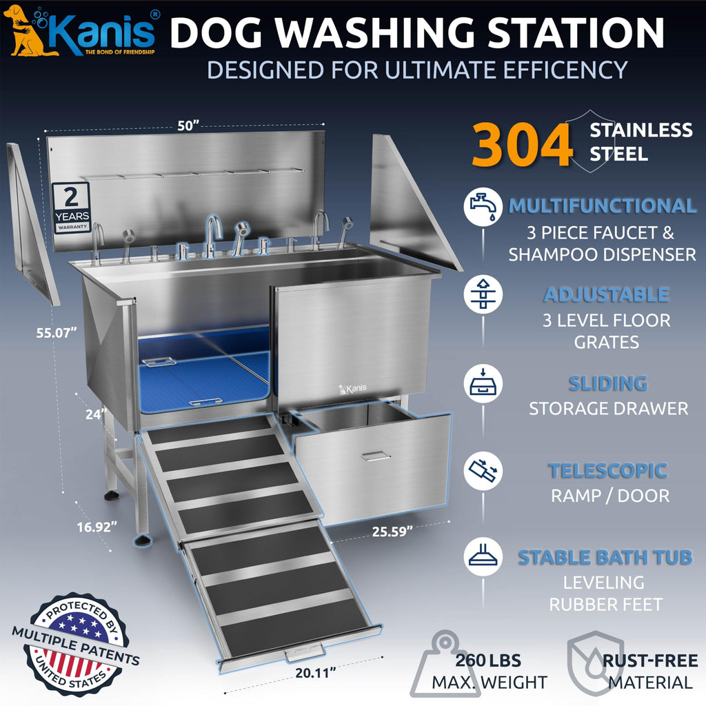 KANIS Professional Dog Washing Station 304 Stainless Steel Pet Wash Sink & Grooming Bathtub w/Shower, Floor Grates and Storage for Large, Medium & Small Pets (Silver, 50 Inches, Right Ramp, 1 Drawer)
