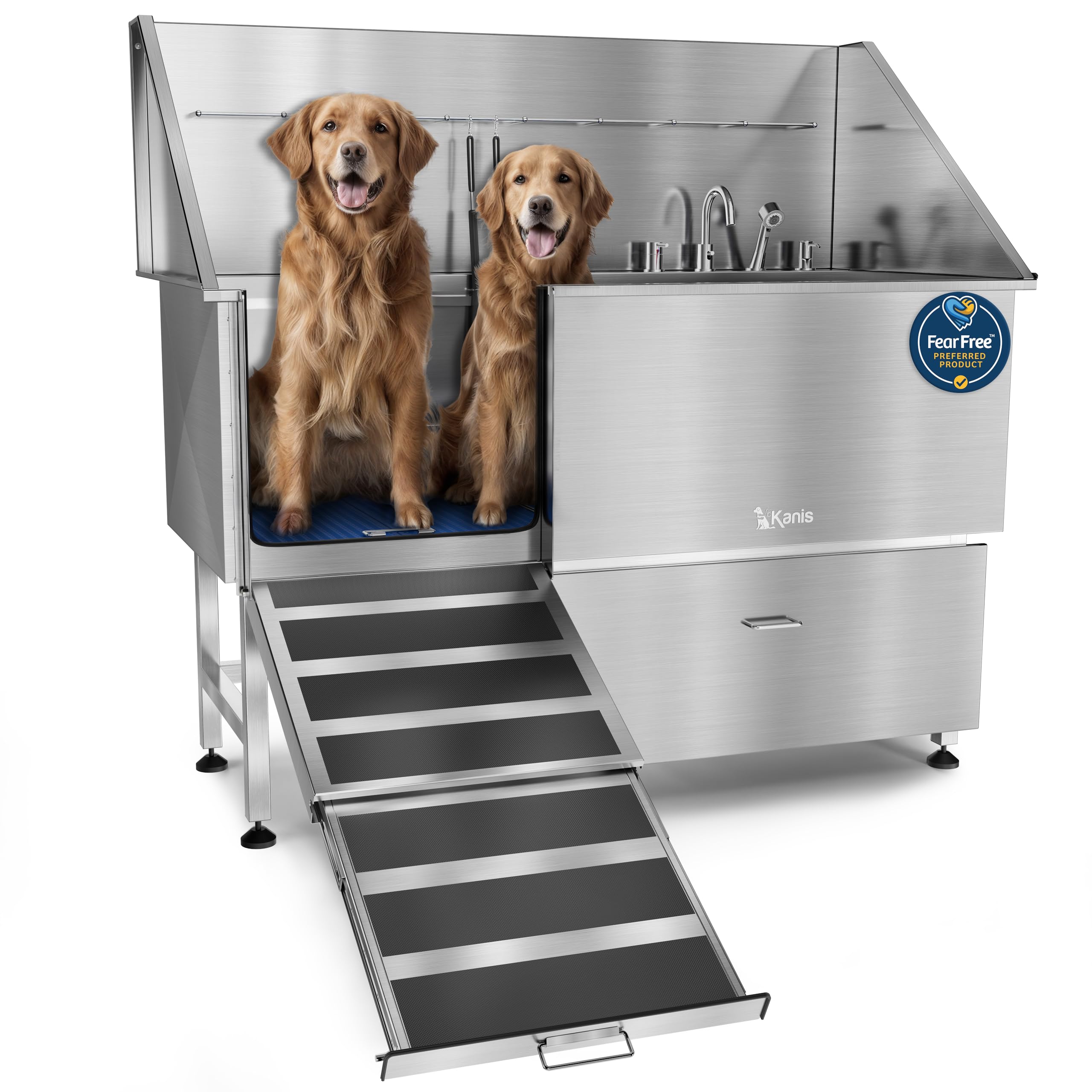 KANIS Professional Dog Washing Station 304 Stainless Steel Pet Wash Sink & Grooming Bathtub w/Shower, Floor Grates and Storage for Large, Medium & Small Pets (Silver, 50 Inches, Right Ramp, 1 Drawer)