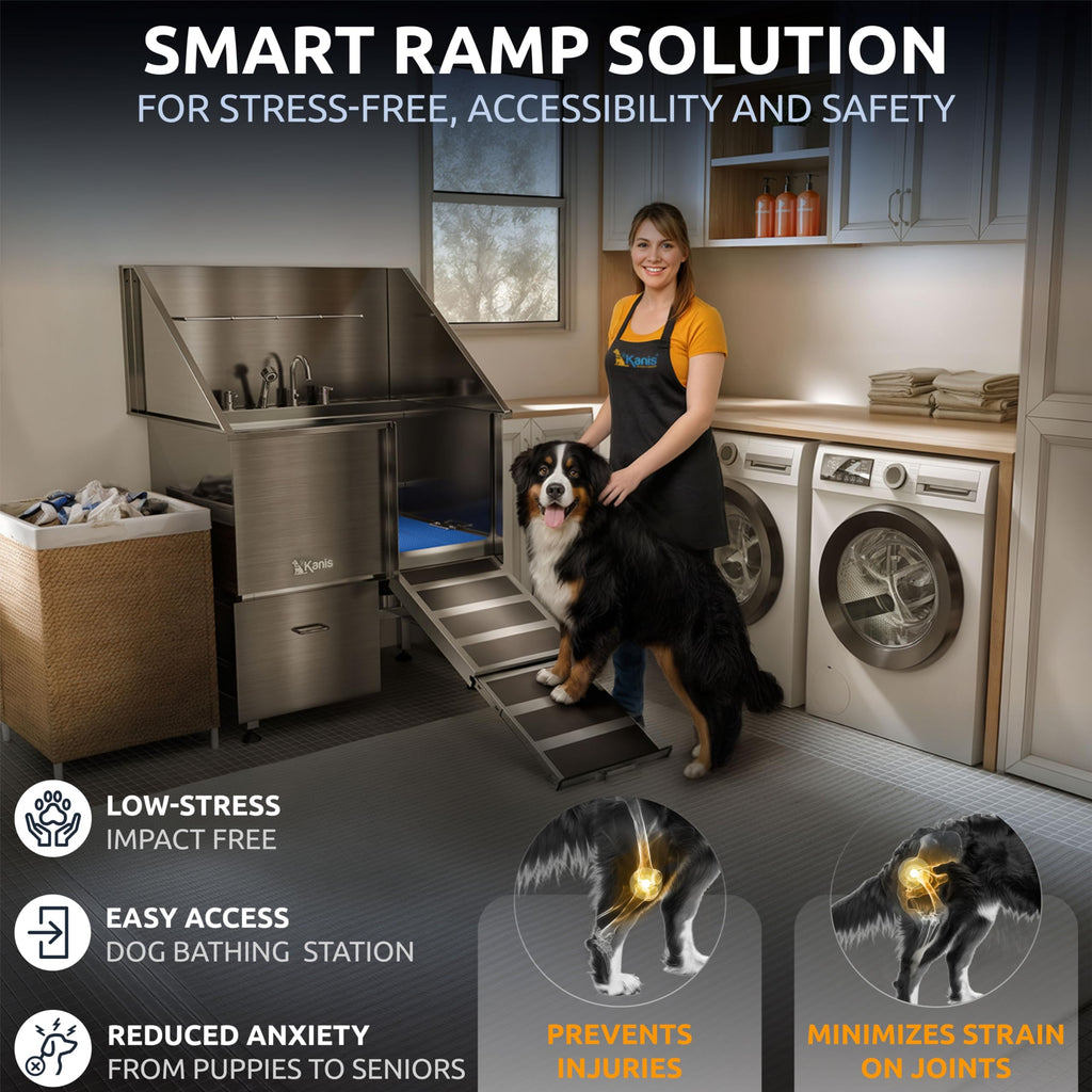 KANIS Professional Dog Washing Station 304 Stainless Steel Pet Wash Sink & Grooming Bathtub w/Shower, Floor Grates and Storage for Large, Medium & Small Pets (Silver, 50 Inches, Right Ramp, 1 Drawer)