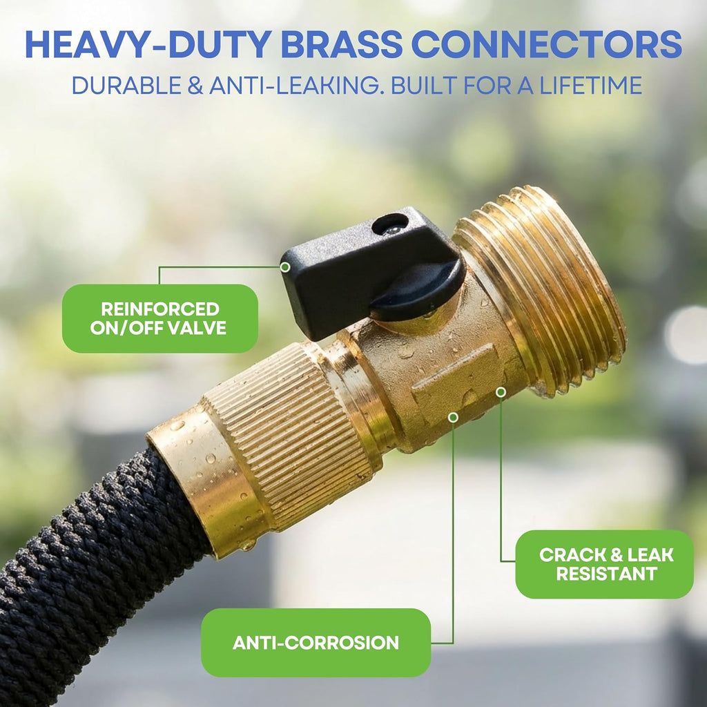 J&B XpandaHose 75ft Expandable Garden Hose, Lightweight, Brass Connectors | Ultra Strong 3750D fabric, 4-layer latex core, expands 3X, kink & leak-resistant, 10-pattern nozzle, storage bag