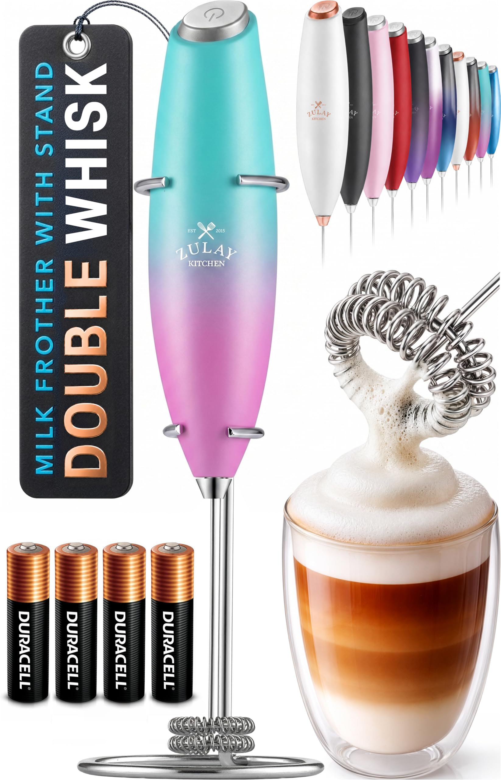 Zulay Kitchen Powerful Milk Frother Wand With Duracell Batteries - Ultra Fast Handheld Drink Mixer - Electric Whisk Foam Maker for Coffee, Lattes, Cappuccino & Matcha - Z1 Motor - Black