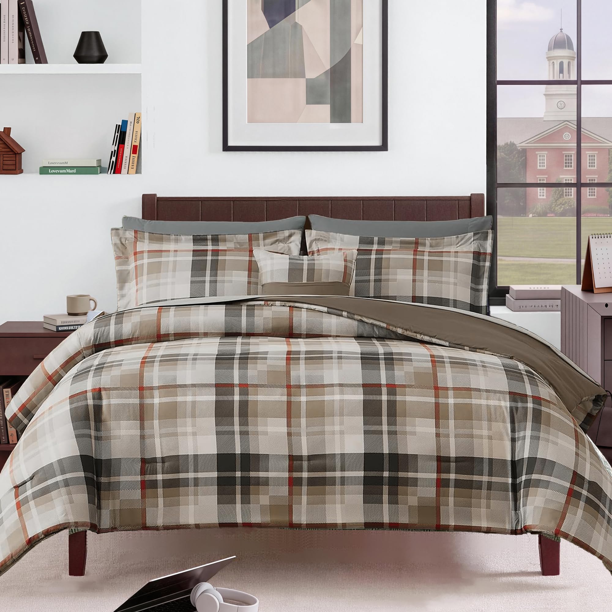 MaiRêve Plaid Twin XL Comforter Set Navy Blue 5 Pieces Dorm Bed in a Bag | Rustic Farmhouse Bedding Sets for Boys Teen with Sheets, Pillowcase & Sham