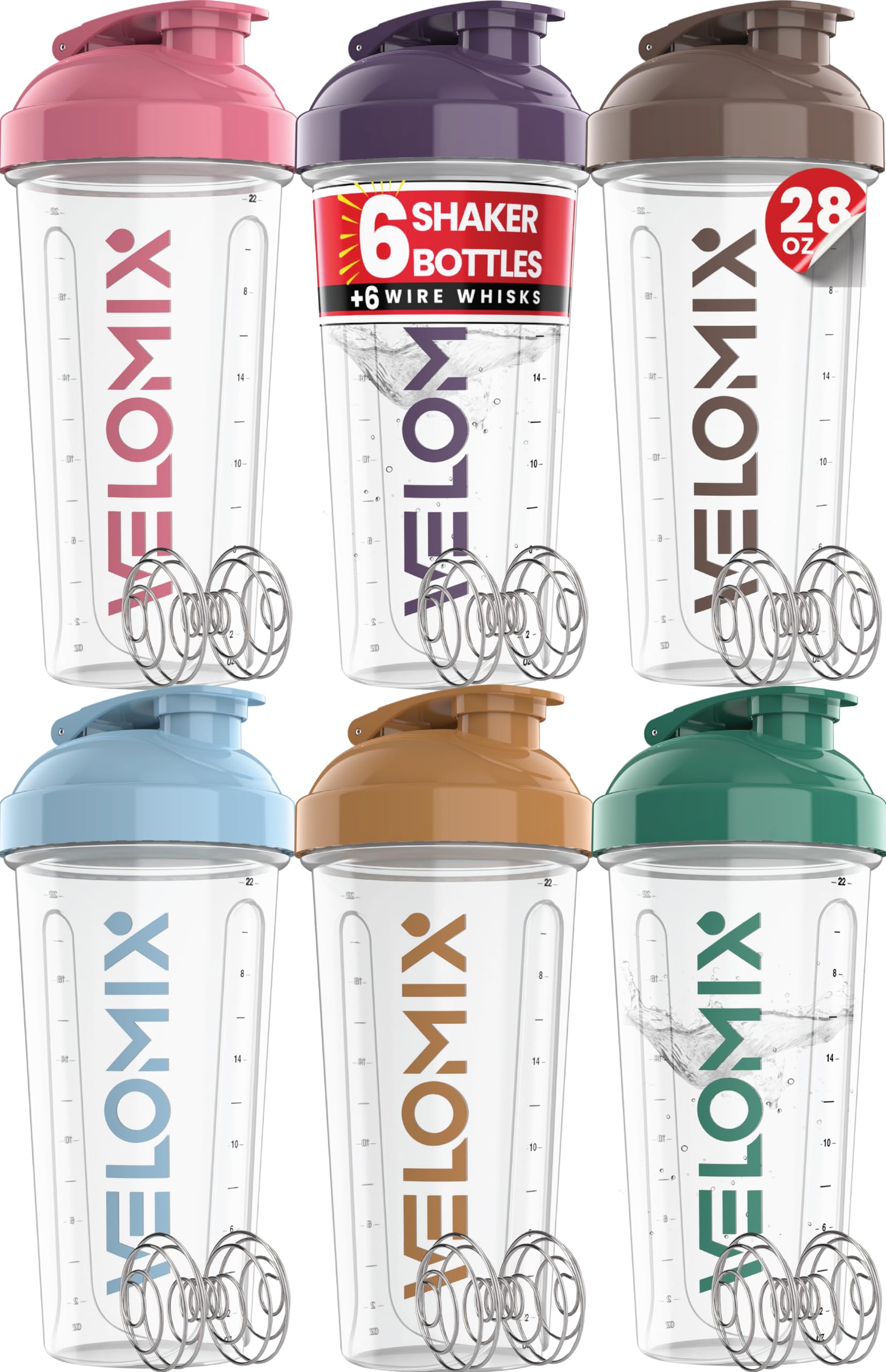 VELOMIX 6 Pack 28 oz Protein Shaker Bottle for Mixes - 6 Wire Whisk Balls | Leak Proof Cups for Supplements | BPA-Free Gym & Fitness (Earth Tones Collection)