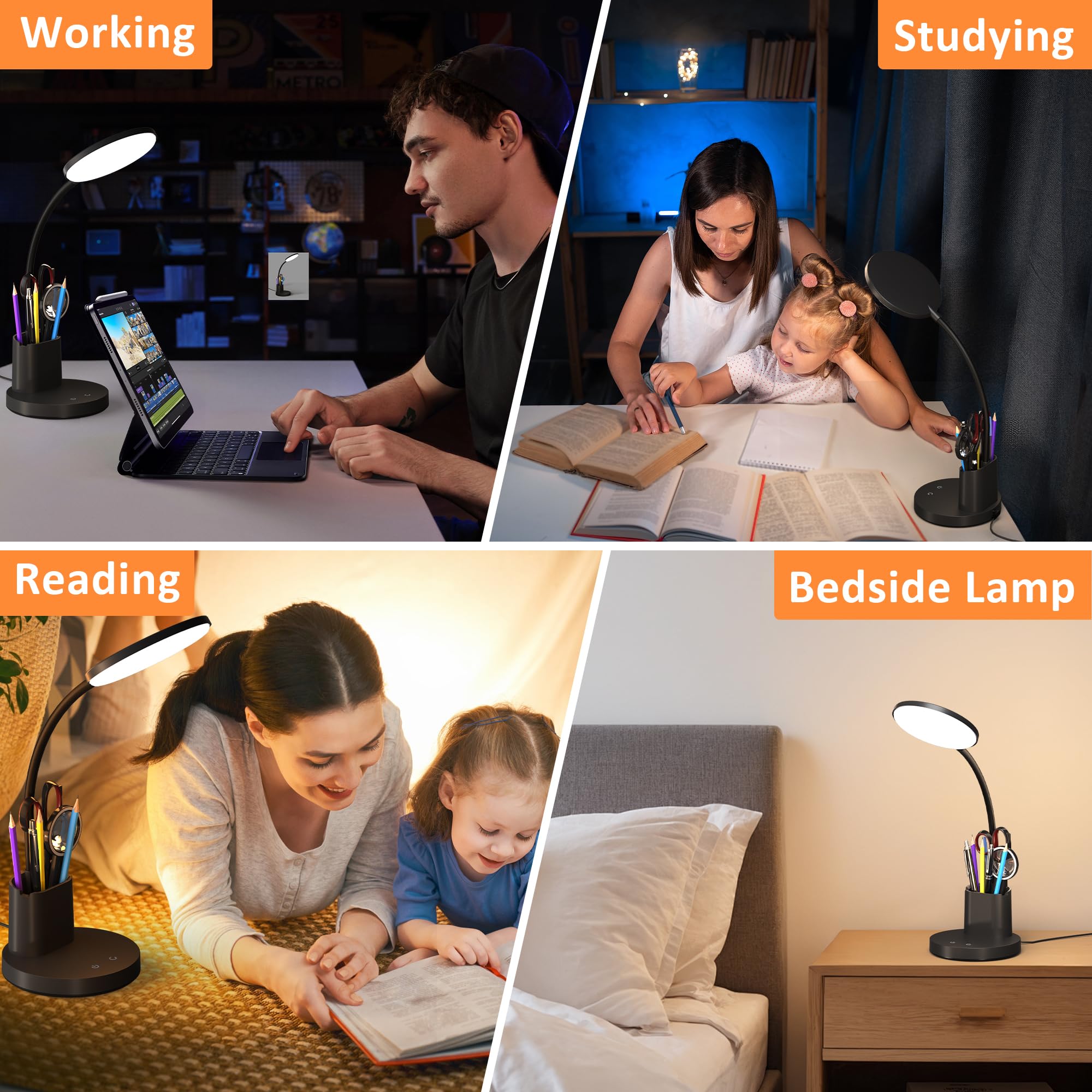 LED Desk Lamp with Wireless Charger for Home Office, Black | 3 Color Modes Dimmable Eye-Caring Study Desk Light for College Dorm Room, 360° Flexible Arm, Built-in Pen Holder, 800 Lumen