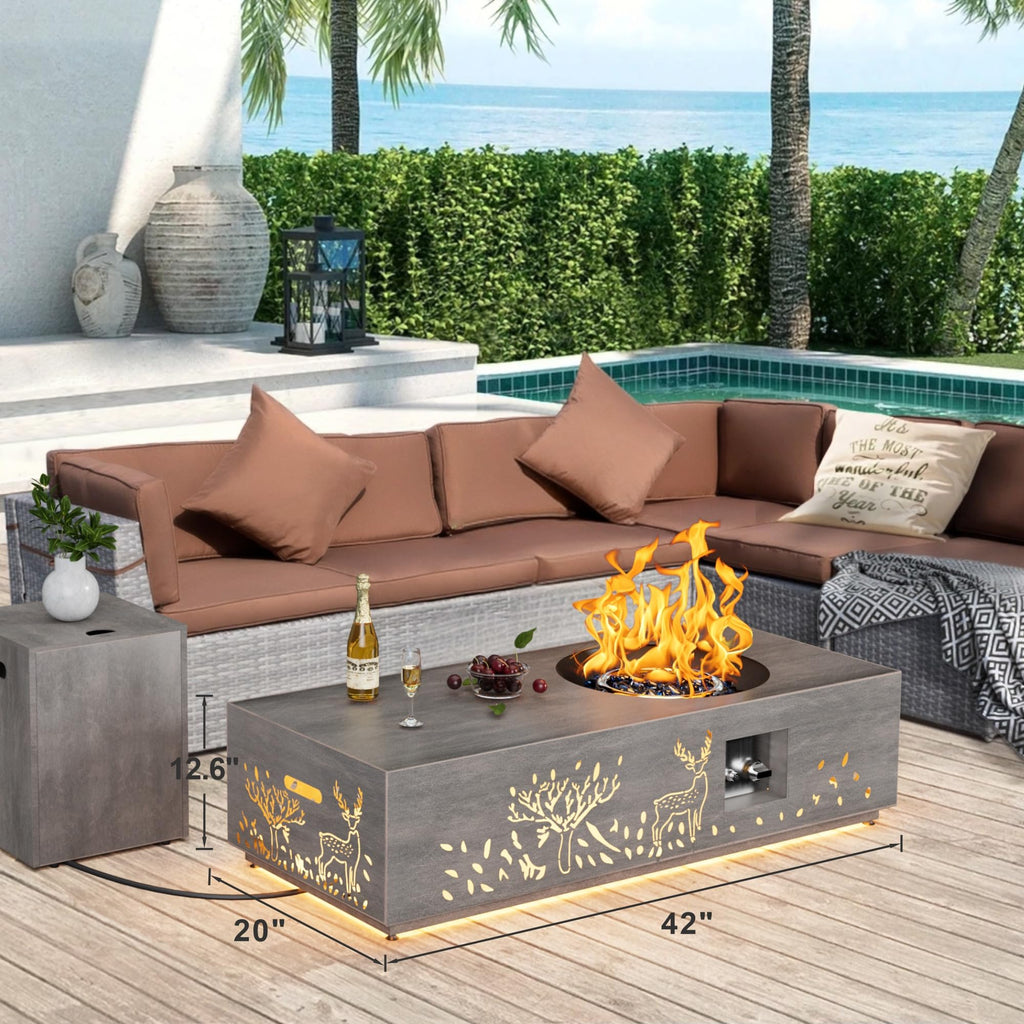 SUNPEAK 42" Modern Fire Pit Table with LED Light 50,000 BTU Deck Fire Pit Table Includes Wind Guard, Lid, Rocks & Cover - Propane Gas Patio Fireplace, Chimenea para Patio (Grey/Golden Light, 42" LED)