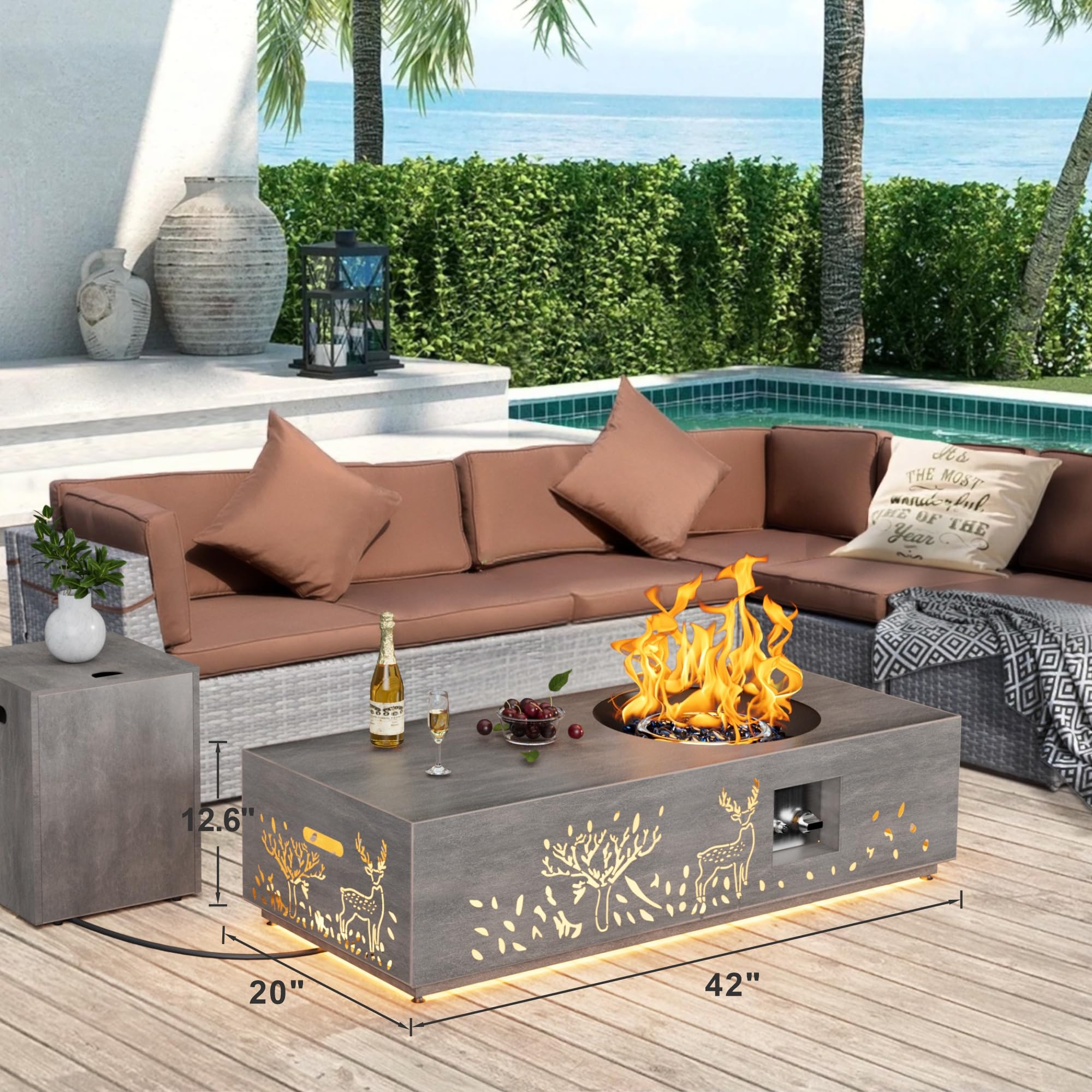 SUNPEAK 42" Modern Fire Pit Table with LED Light 50,000 BTU Deck Fire Pit Table Includes Wind Guard, Lid, Rocks & Cover - Propane Gas Patio Fireplace, Chimenea para Patio (Grey/Golden Light, 42" LED)