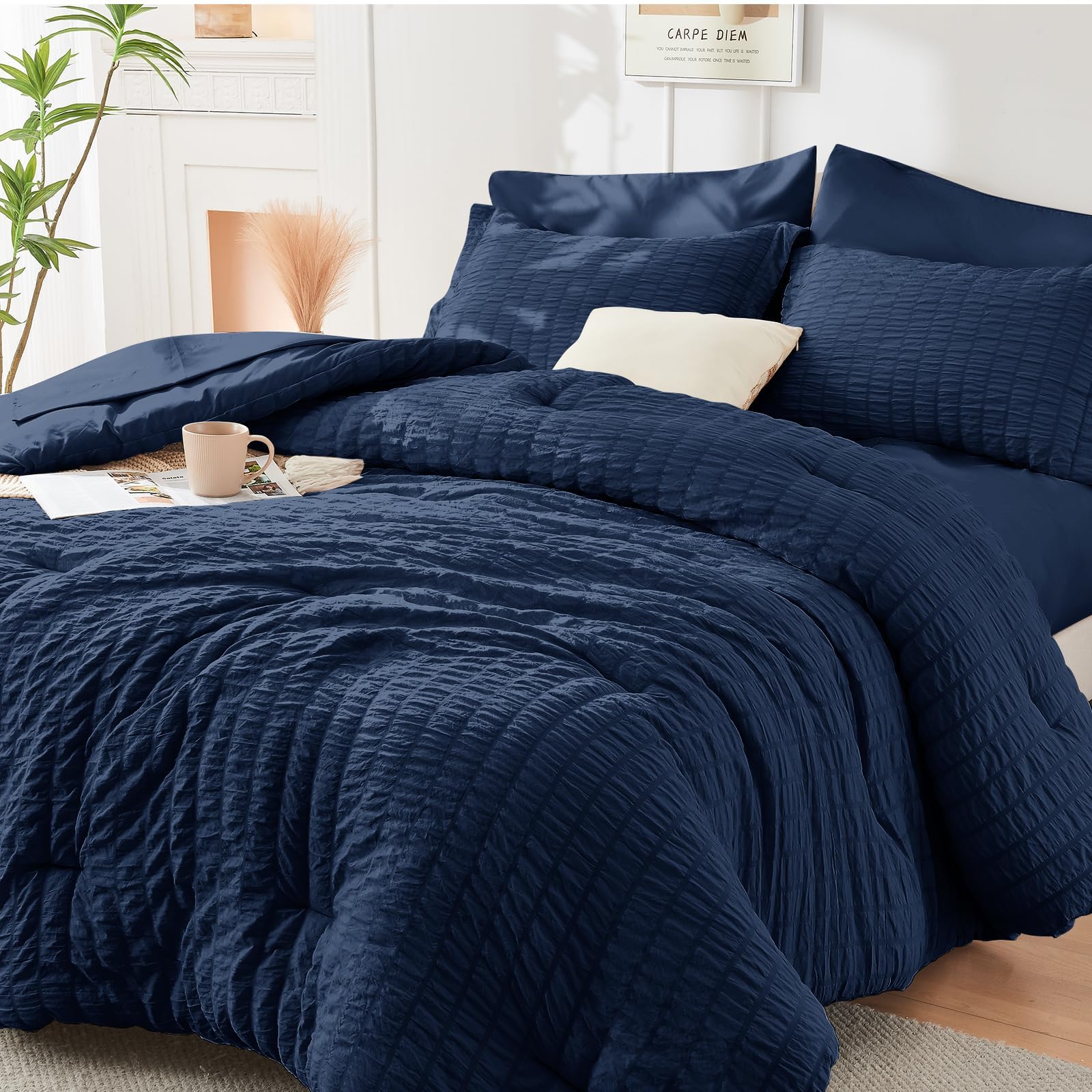 HYMOKEGE Twin XL Comforter Set Seersucker 5 Pieces, All Season Luxury Bed in a Bag for Bedroom, Bedding Set with Comforter, Sheet, Pillowcase & Sham, Dark Grey