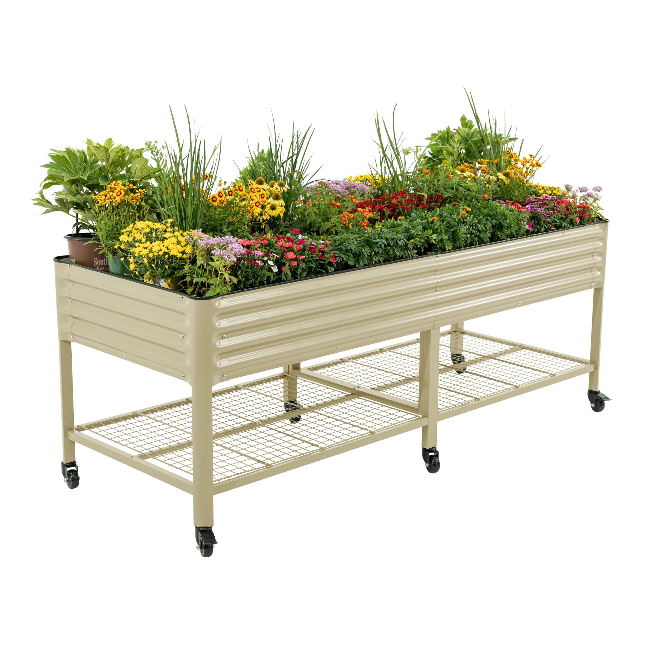 Rolling Elevated Raised Garden Bed, 2' x 4' Outdoor Planters Boxes with Legs & Storage Rack for Patio, 700 Lbs Weight Capacity, Raised Beds for Gardening Herbs Flowers, Pearl White