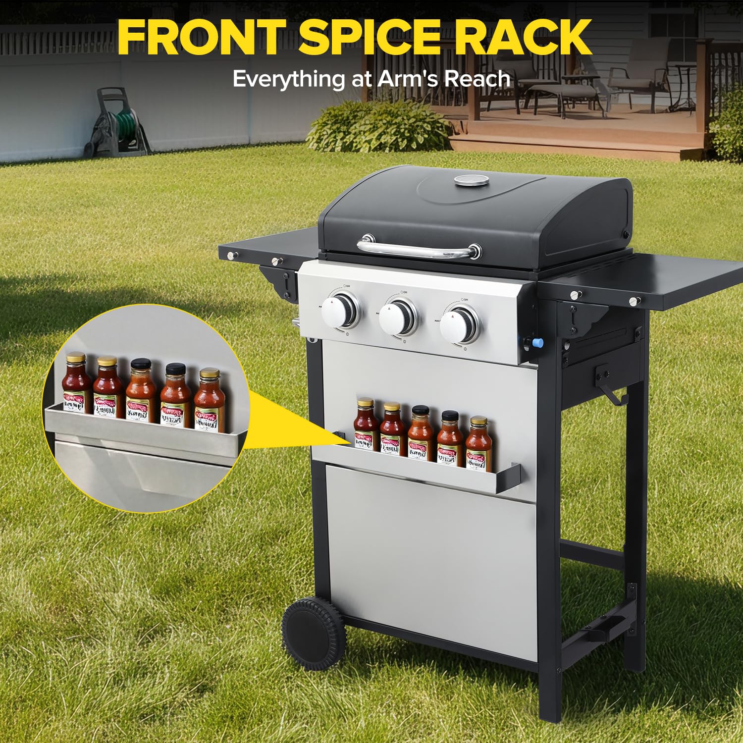 4 Burner Gas Grill with Foldable Shelves, 40,000 BTU Stainless Steel Propane BBQ Grill, 387 Sq. In. Cooking Space, Portable Outdoor Grill for Patio, Backyard, Camping & Tailgating