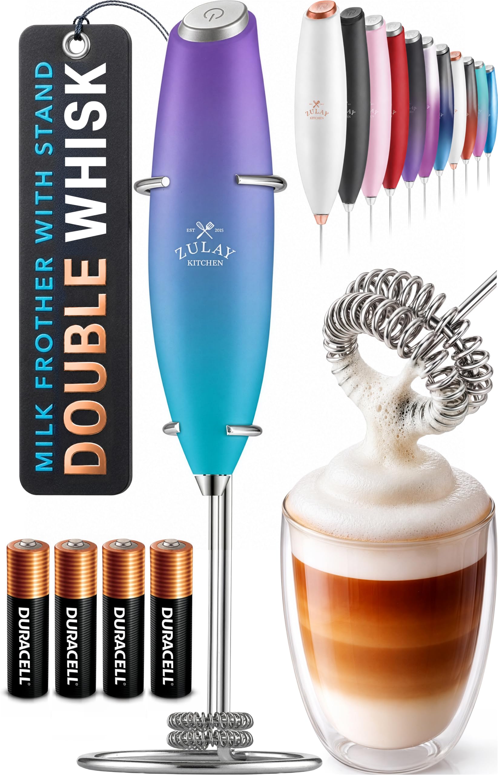 Zulay Kitchen Powerful Milk Frother Wand With Duracell Batteries - Ultra Fast Handheld Drink Mixer - Electric Whisk Foam Maker for Coffee, Lattes, Cappuccino & Matcha - Z1 Motor - Black
