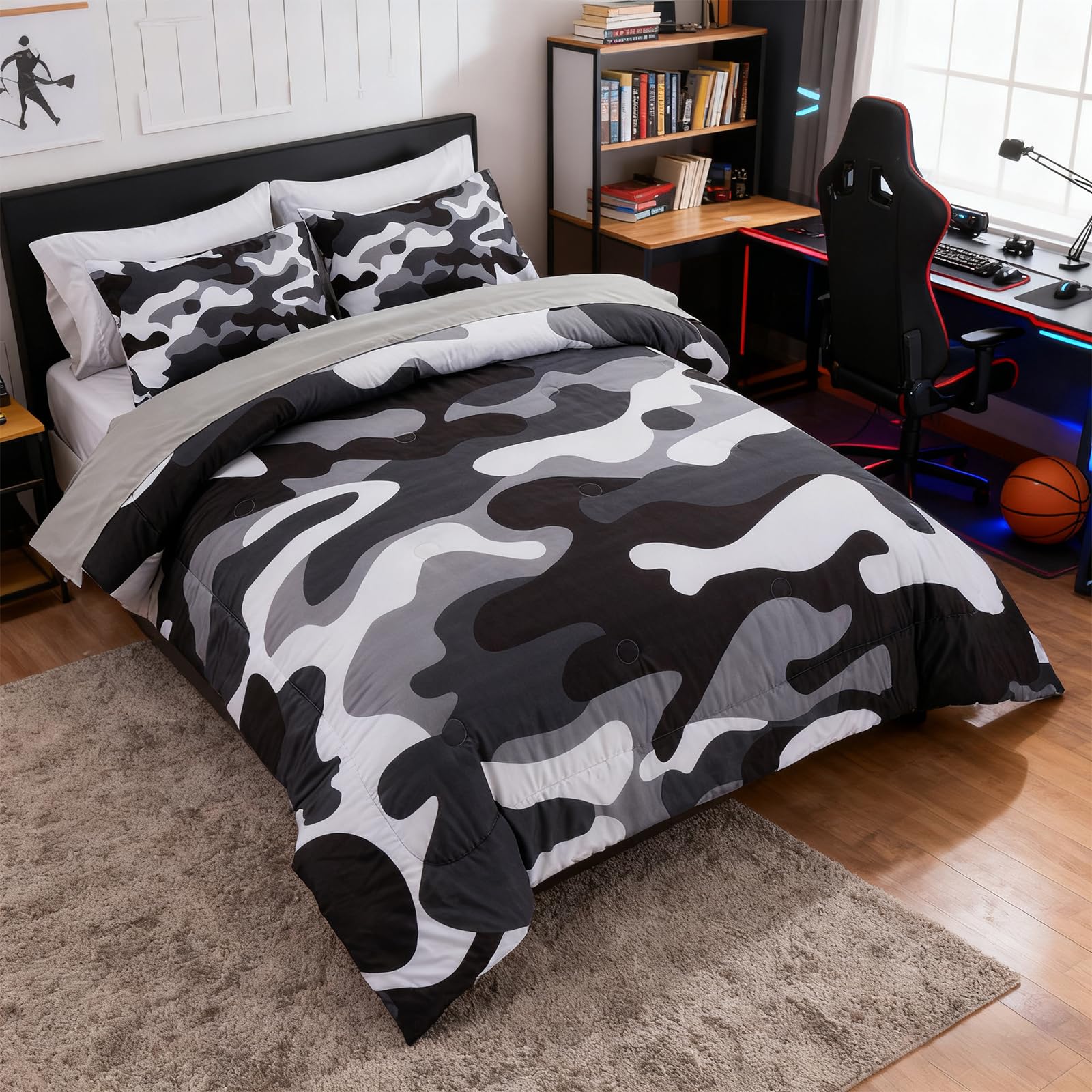 Holawakaka Twin Size Camouflage Bedding Comforter Set with Sheets, Boys Girls Men Camo Bed in A Bag 5 Pieces,Kids Teens Dorm Bed Sets Neutral Farmhouse Lodge Cabin Army Bedspread (Red, Twin)