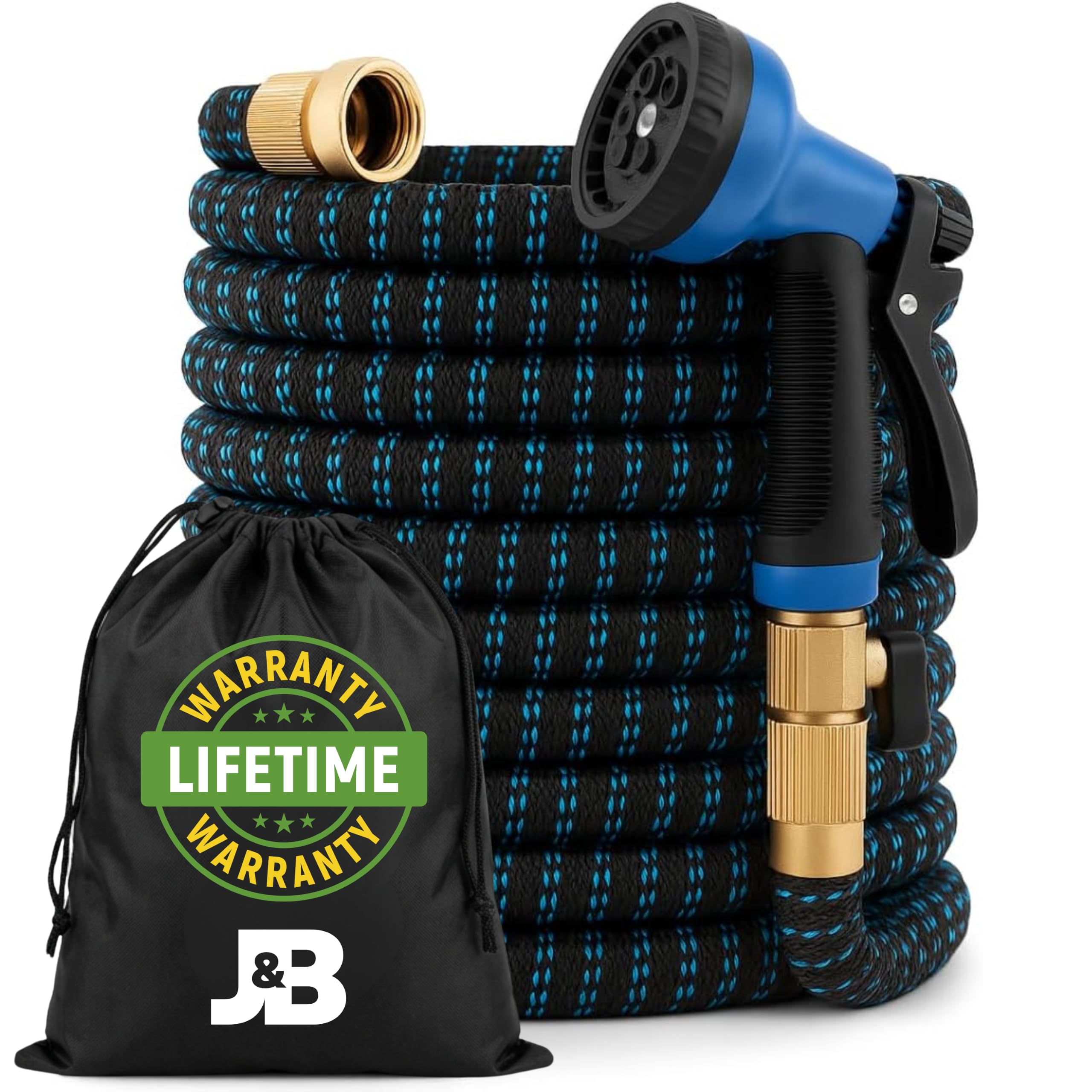 J&B XpandaHose 75ft Expandable Garden Hose, Lightweight, Brass Connectors | Ultra Strong 3750D fabric, 4-layer latex core, expands 3X, kink & leak-resistant, 10-pattern nozzle, storage bag