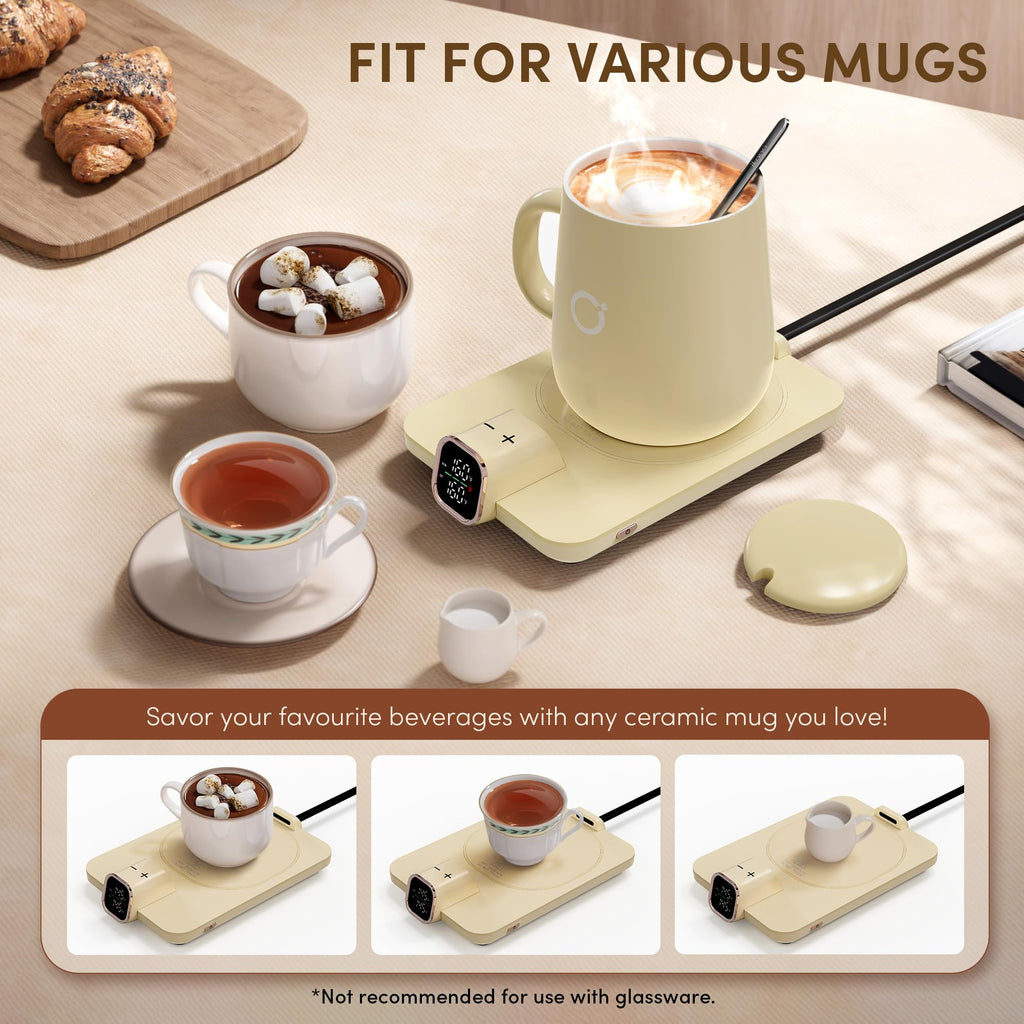 Coffee Cup Warmer & iKago Mug Set, 1℉ Precise Temp Control Mug Warmer | Auto Shut Off, Infrared Sensor, Dual Temp Display, ℉/℃ Optional, 15oz Mug with Spoon & Lid Included, Gifts for Men Women