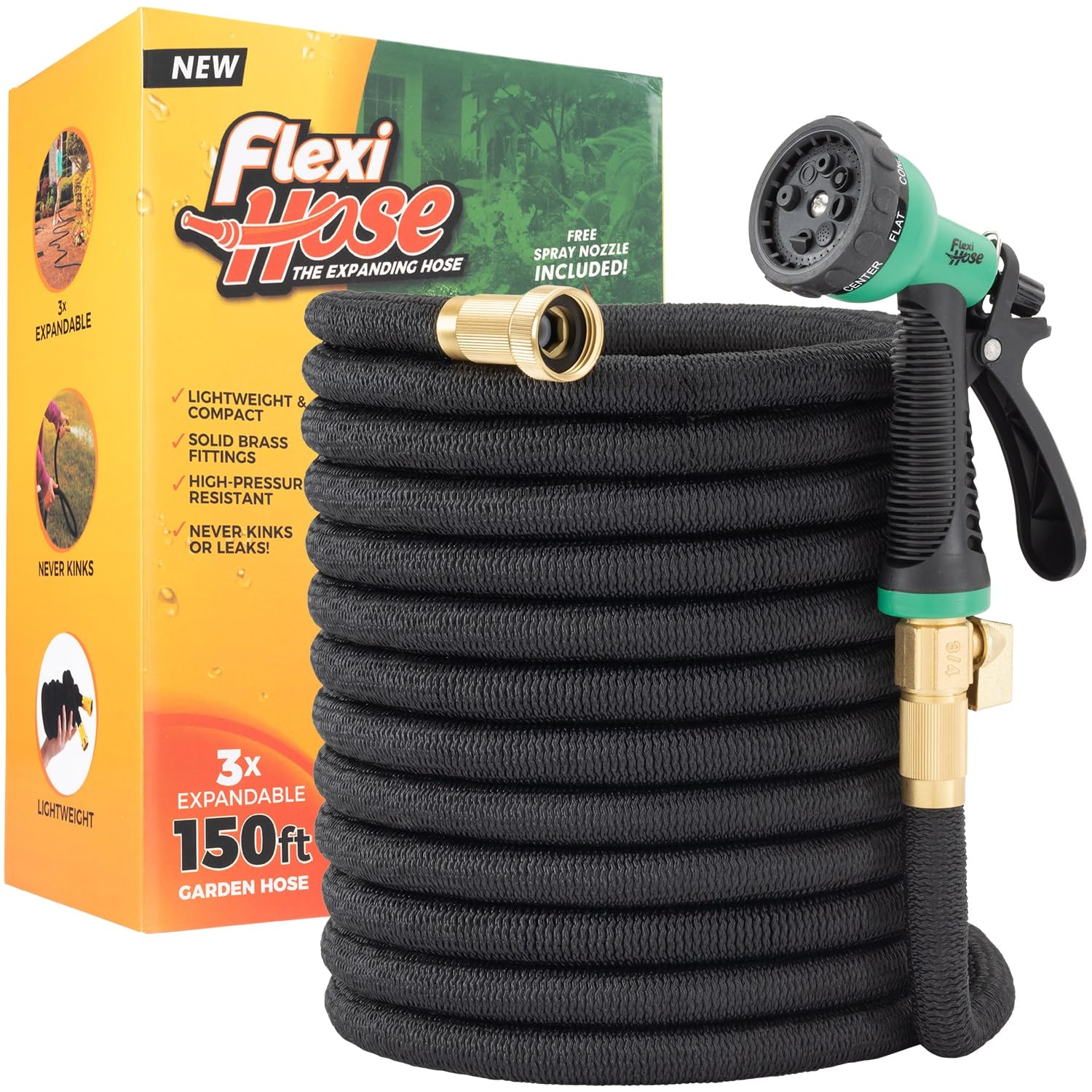 Flexi Hose Expandable Garden Hose with 8 Function Nozzle, 50FT - Lightweight Retractable Garden Hose, Water Hose - No-Kink Flexibility, 3/4 Inch Solid Brass Fittings and Double Latex Core