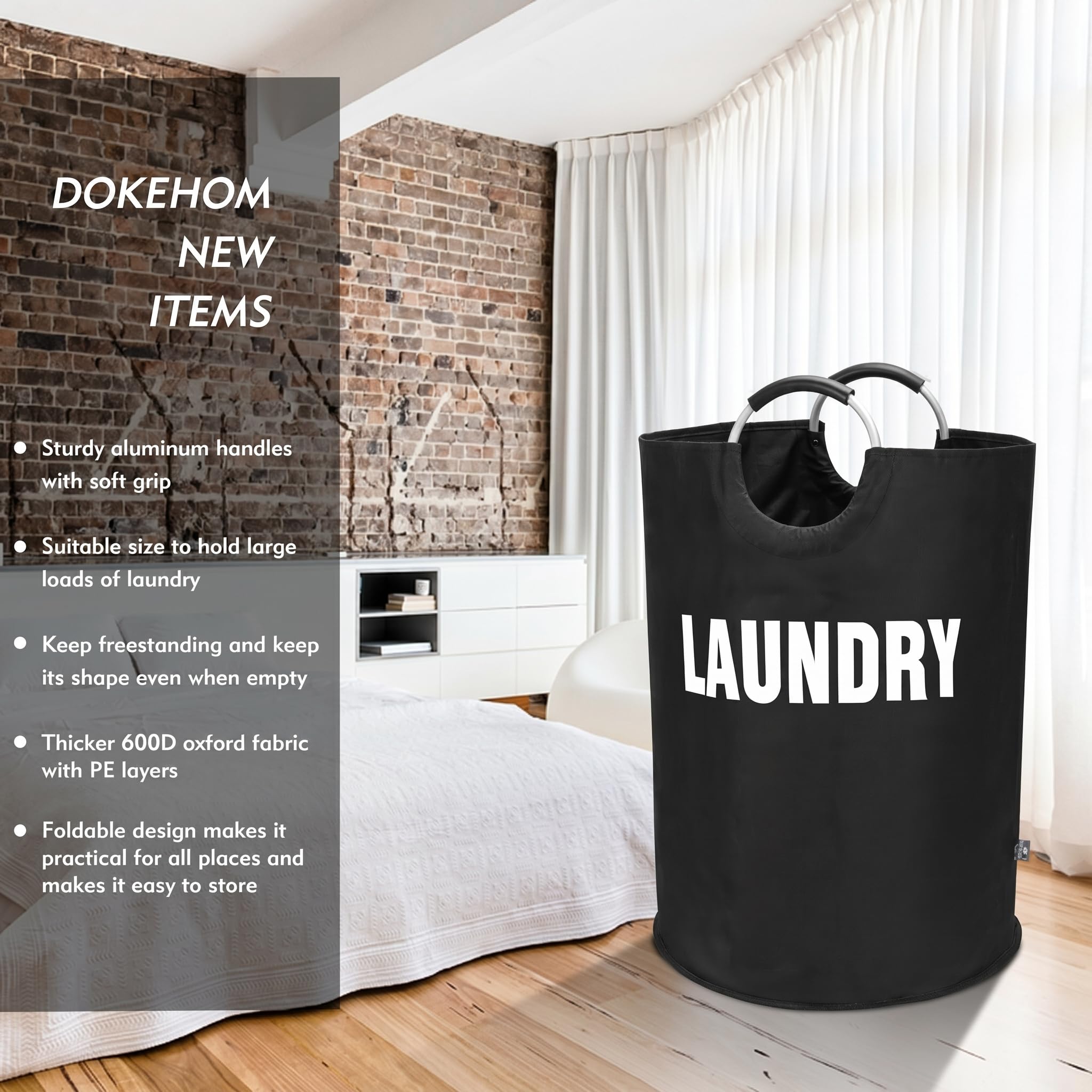 DOKEHOM 90L Large Laundry Basket, Collapsible Laundry Bag, Black | Freestanding tall clothes hamper & foldable washing bin. High-capacity clothes storage basket with durable sturdy handles