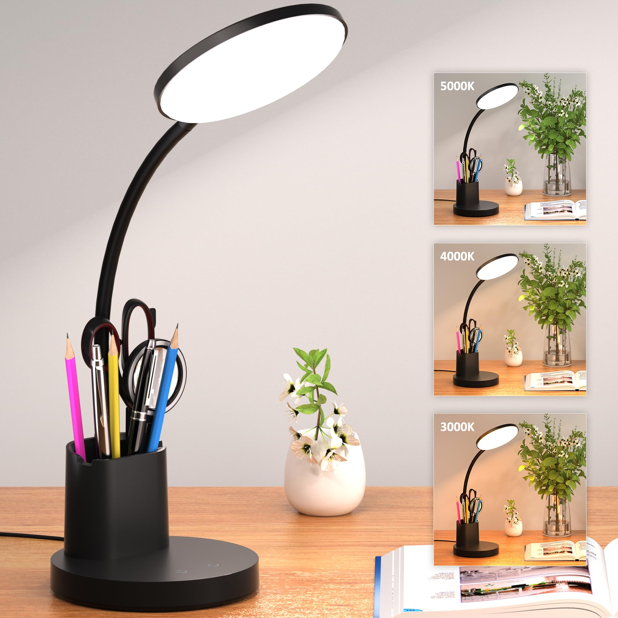 LED Desk Lamp with Wireless Charger for Home Office, Black | 3 Color Modes Dimmable Eye-Caring Study Desk Light for College Dorm Room, 360° Flexible Arm, Built-in Pen Holder, 800 Lumen