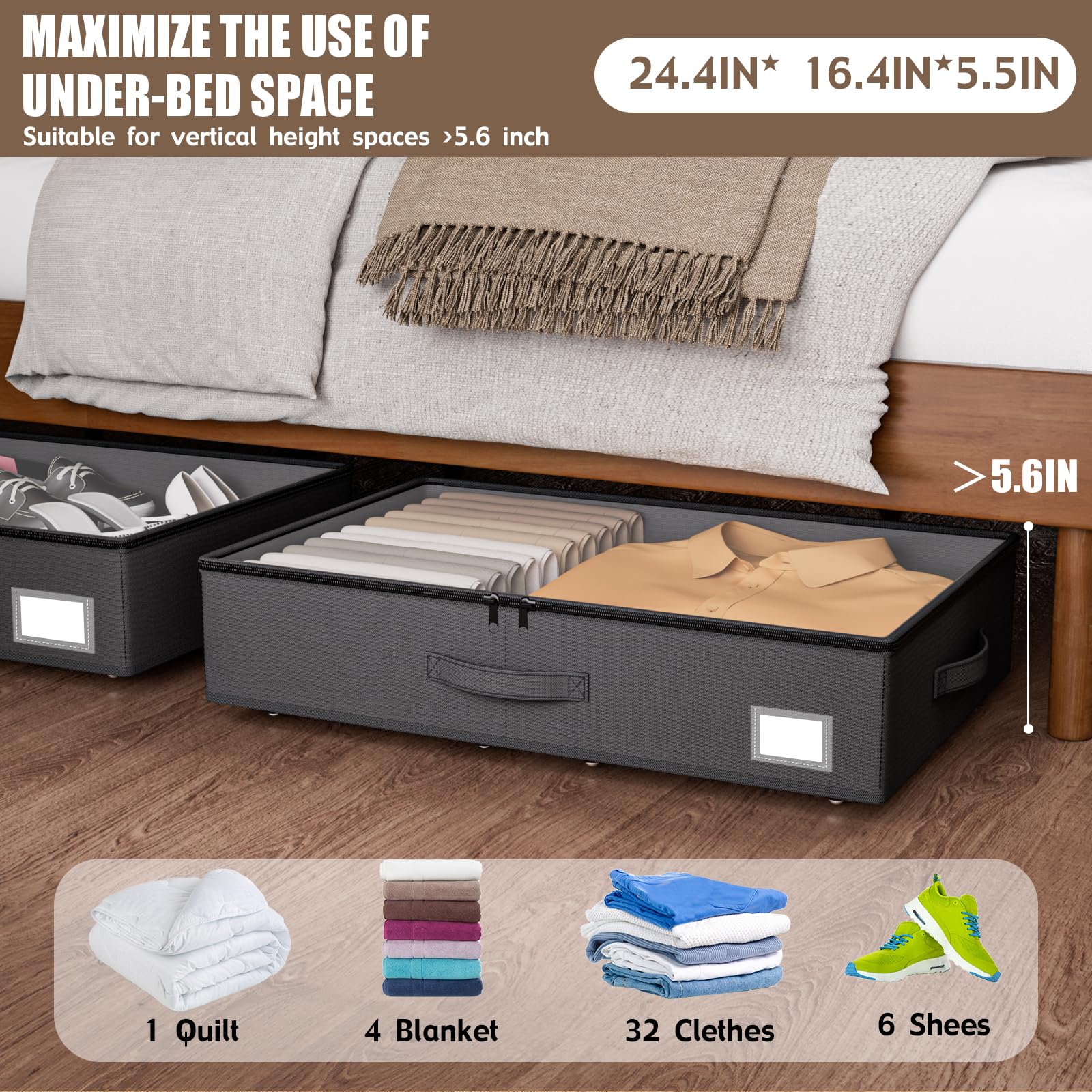 EE-RoomWorld Under Bed Storage with Wheels, No Assemble Required 10 inches height Under Bed Storage bins,Large capacity Rolling Underbed Shoe Storage containers，dorm underbed storage drawers