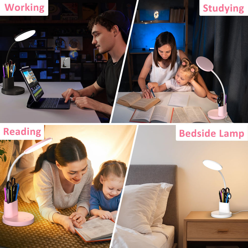 LED Desk Lamp with Wireless Charger for Home Office, Black | 3 Color Modes Dimmable Eye-Caring Study Desk Light for College Dorm Room, 360° Flexible Arm, Built-in Pen Holder, 800 Lumen