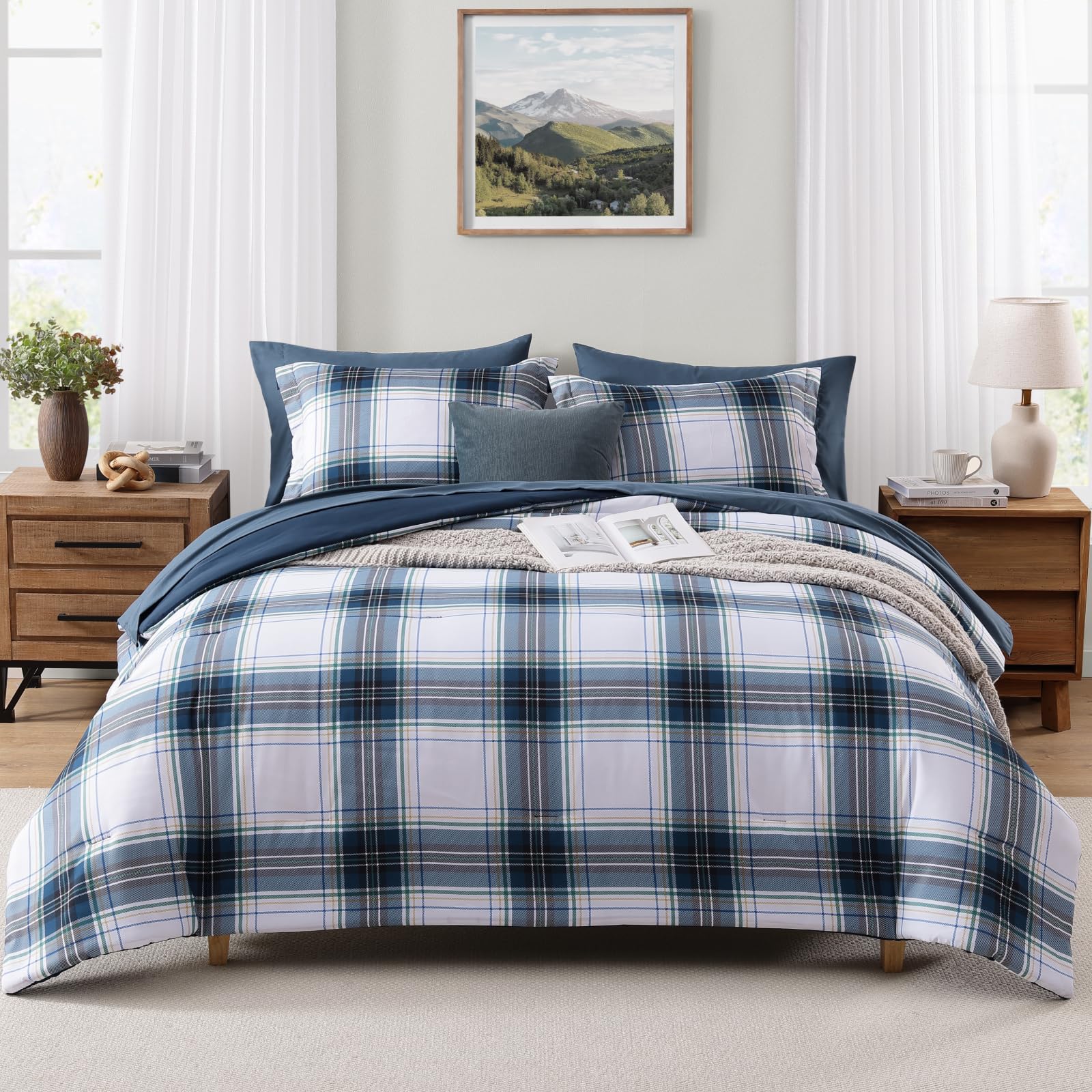MaiRêve Plaid Twin XL Comforter Set Navy Blue 5 Pieces Dorm Bed in a Bag | Rustic Farmhouse Bedding Sets for Boys Teen with Sheets, Pillowcase & Sham