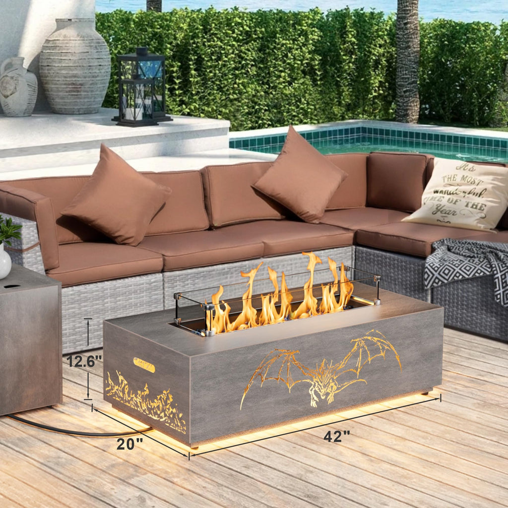 SUNPEAK 42" Modern Fire Pit Table with LED Light 50,000 BTU Deck Fire Pit Table Includes Wind Guard, Lid, Rocks & Cover - Propane Gas Patio Fireplace, Chimenea para Patio (Grey/Golden Light, 42" LED)
