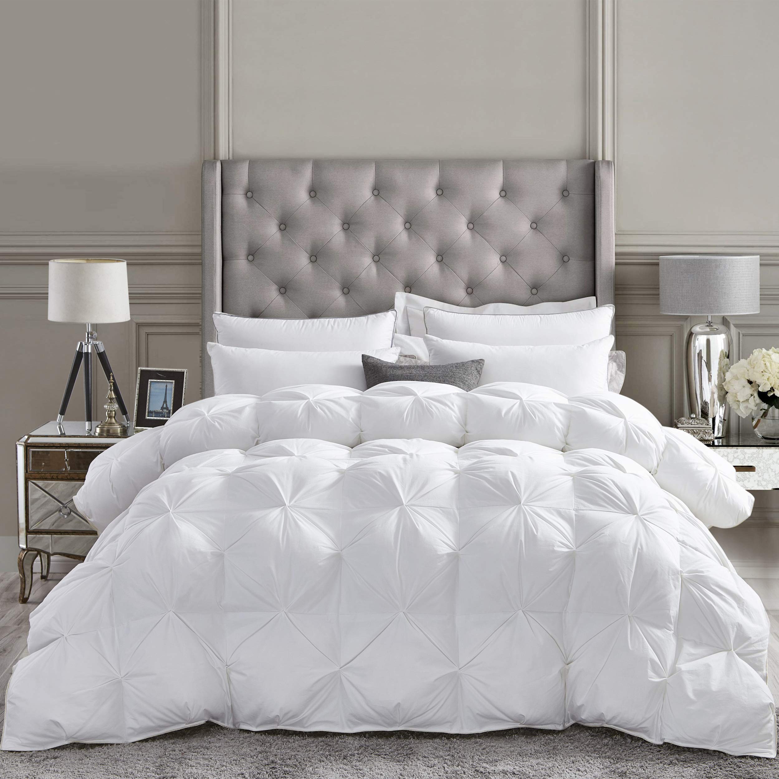 Luxurious All-Season Goose Down Feather Fiber Comforter California King Size Duvet Insert, Exquisite Pinch Pleat Design, Premium Baffle Box, 100% Egyptian Cotton Cover, 80 oz. Fill Weight, Black