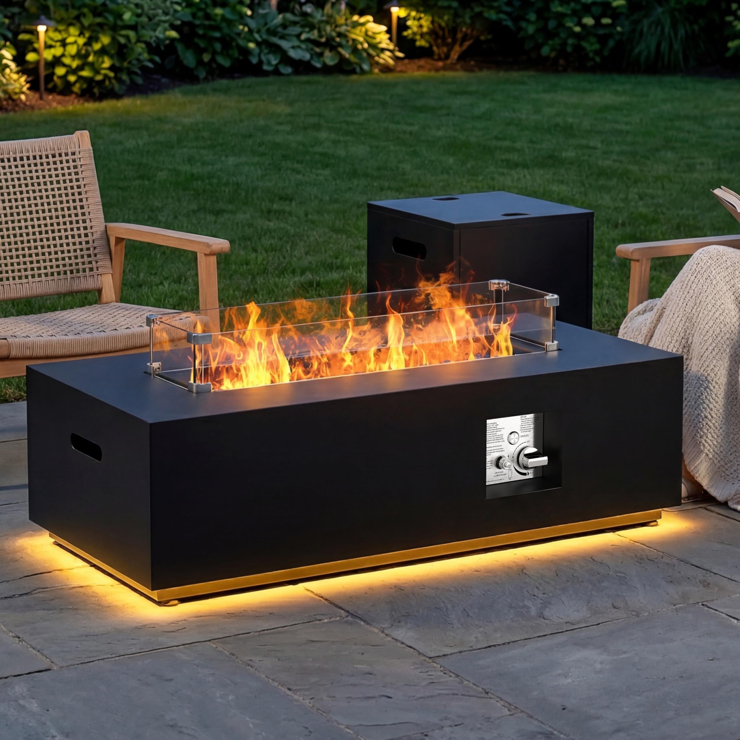 SUNPEAK 42" Modern Fire Pit Table with LED Light 50,000 BTU Deck Fire Pit Table Includes Wind Guard, Lid, Rocks & Cover - Propane Gas Patio Fireplace, Chimenea para Patio (Grey/Golden Light, 42" LED)