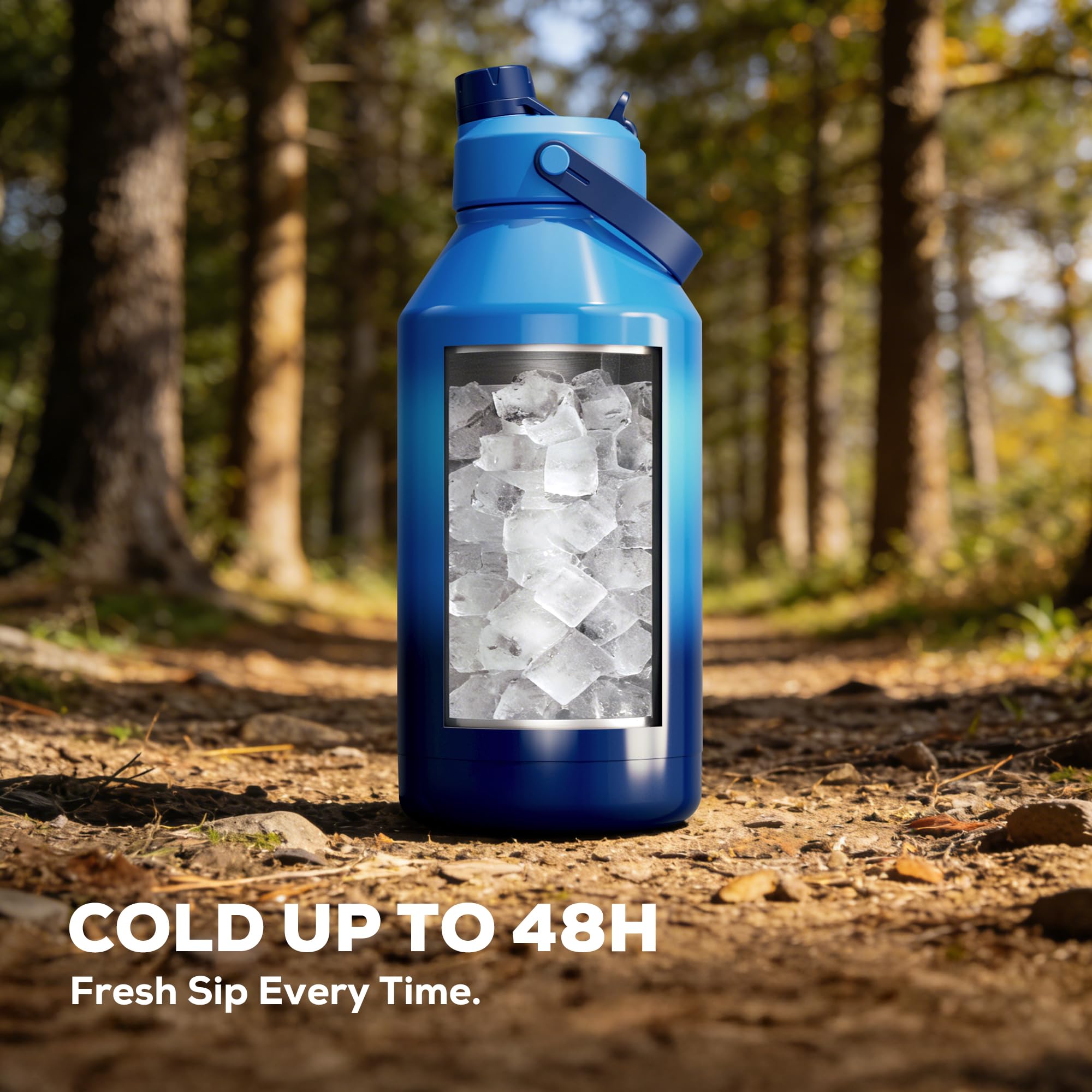 POWCAN 64 oz Insulated Water Bottle for Sports: 2-in-1 Straw & Spout Lid, Leakproof, Carrier Bag, Shoulder Strap, Keep Cold 48H, BPA-Free, Half Gallon Metal Water Jug for Gym, Travel, Gift (Midnight)