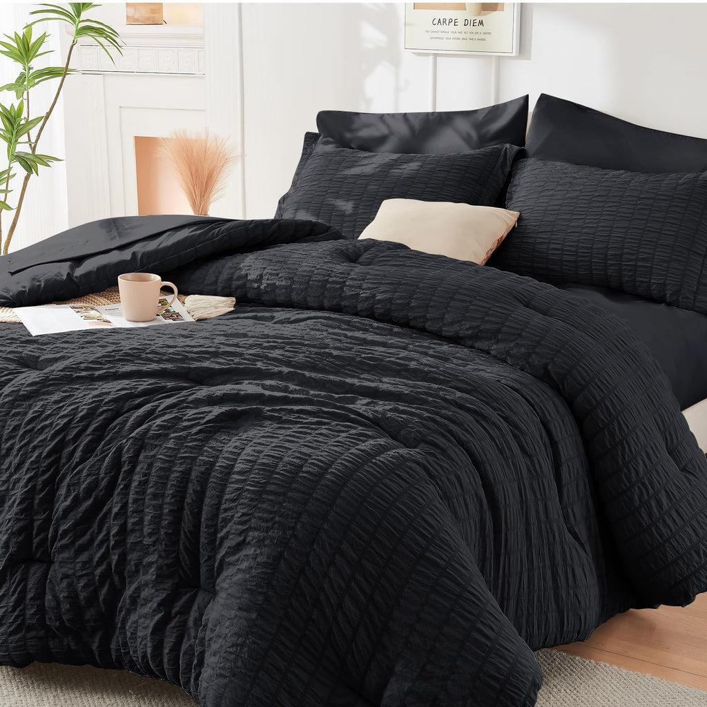 HYMOKEGE Twin XL Comforter Set Seersucker 5 Pieces, All Season Luxury Bed in a Bag for Bedroom, Bedding Set with Comforter, Sheet, Pillowcase & Sham, Dark Grey