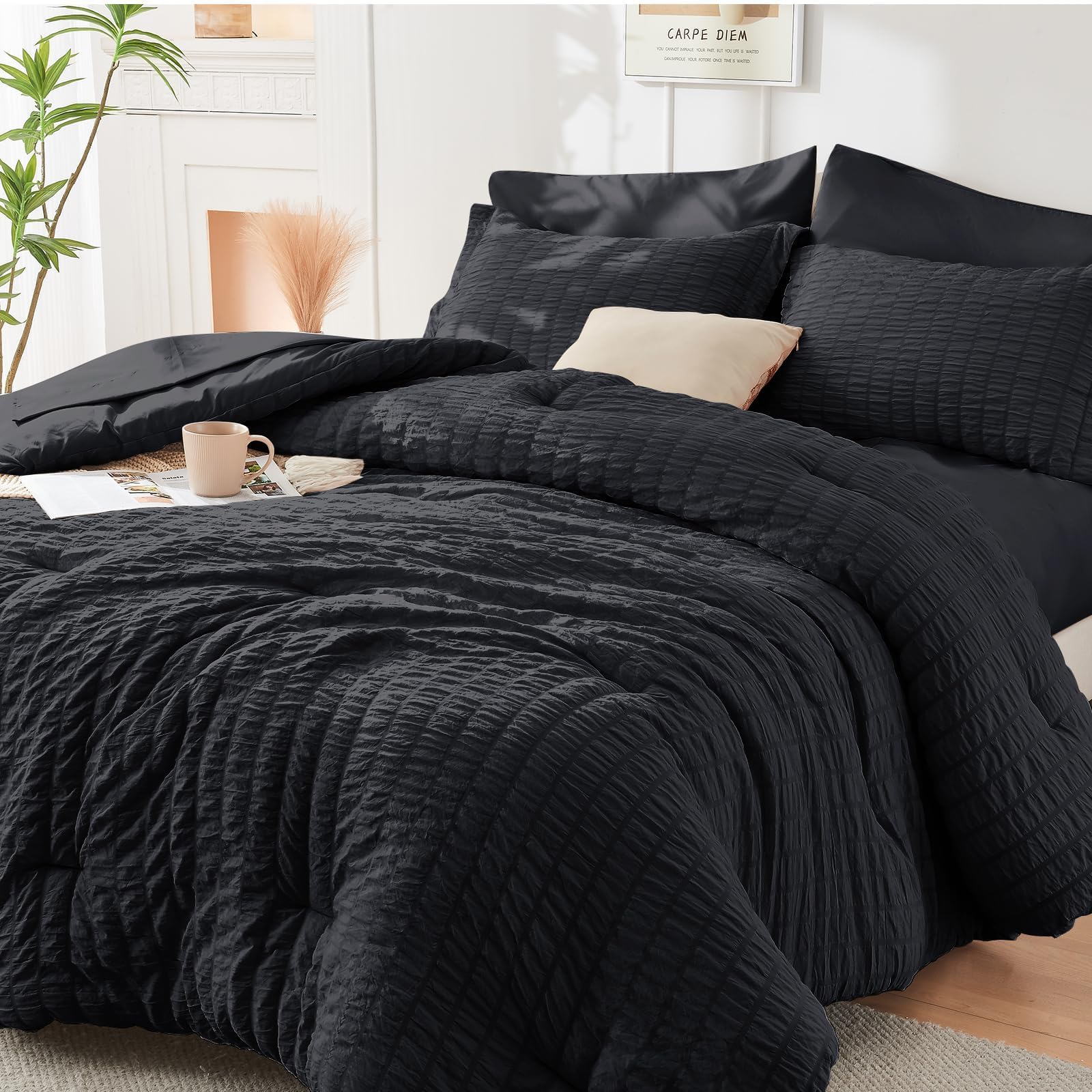 HYMOKEGE Twin XL Comforter Set Seersucker 5 Pieces, All Season Luxury Bed in a Bag for Bedroom, Bedding Set with Comforter, Sheet, Pillowcase & Sham, Dark Grey