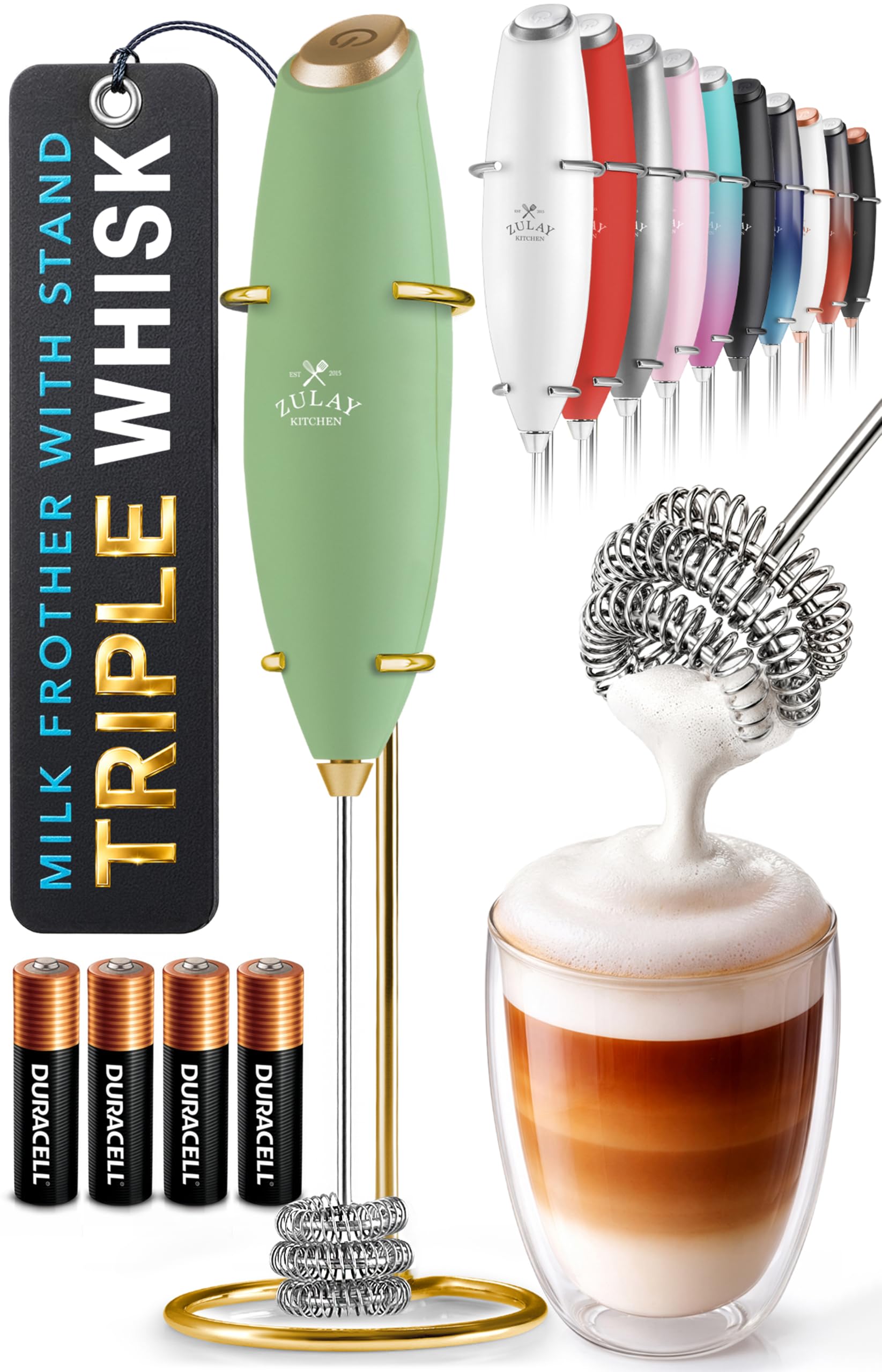 Zulay Kitchen Powerful Milk Frother Wand With Duracell Batteries - Ultra Fast Handheld Drink Mixer - Electric Whisk Foam Maker for Coffee, Lattes, Cappuccino & Matcha - Z1 Motor - Black