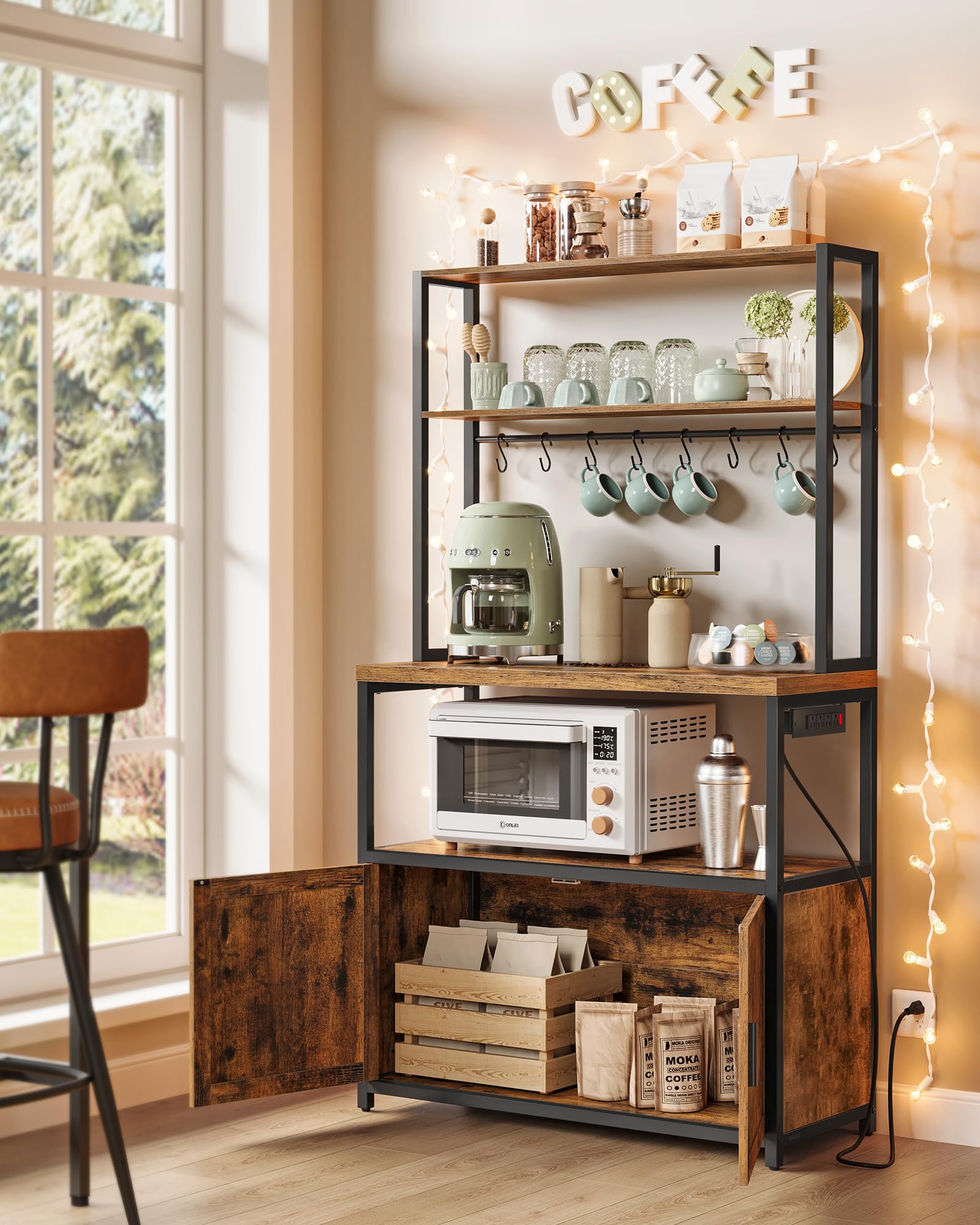 VASAGLE Kitchen Bakers Rack with Power Outlet, Coffee Bar with 35.4-Inch High Worktop, Microwave Stand with 8 Hooks, 15.7 x 31.5 x 66.9 Inches, Golden Oak and Cloud White UKKS059Y01