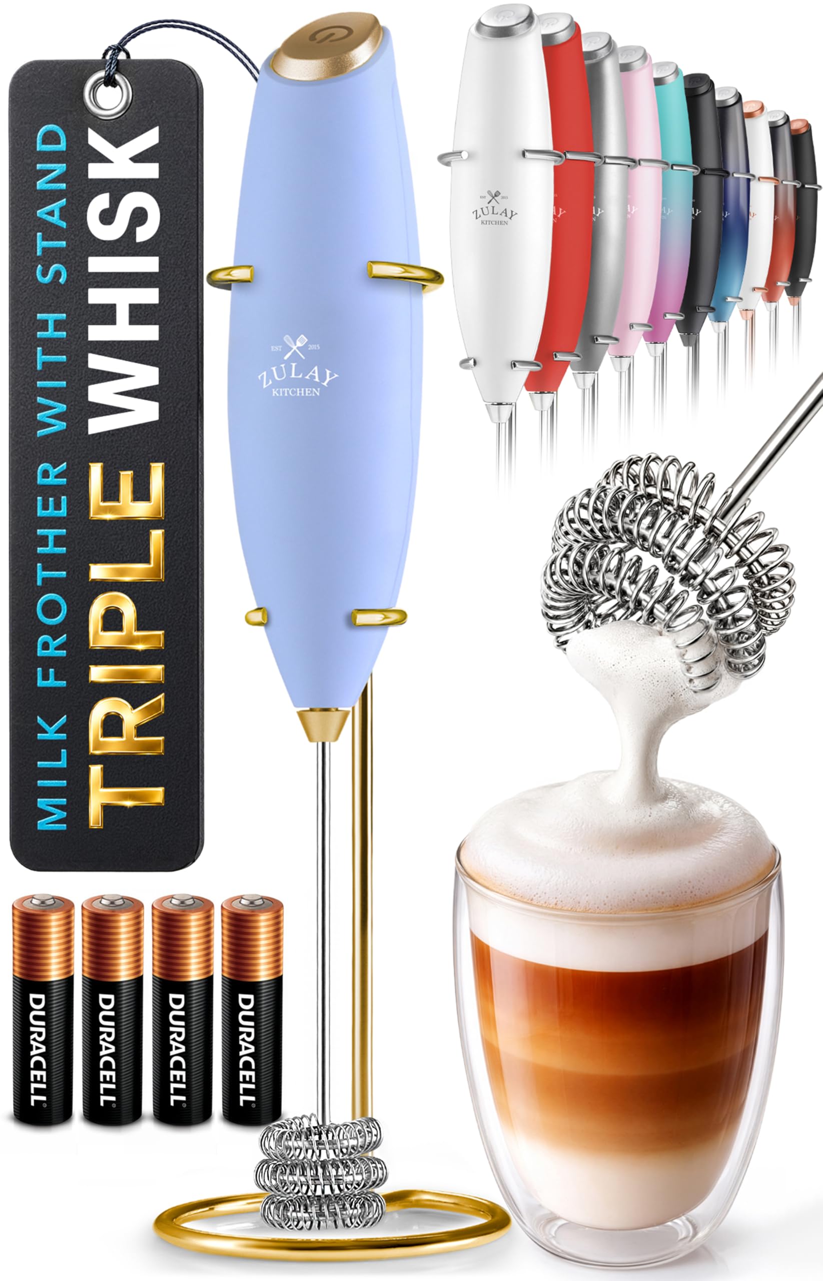 Zulay Kitchen Powerful Milk Frother Wand With Duracell Batteries - Ultra Fast Handheld Drink Mixer - Electric Whisk Foam Maker for Coffee, Lattes, Cappuccino & Matcha - Z1 Motor - Black