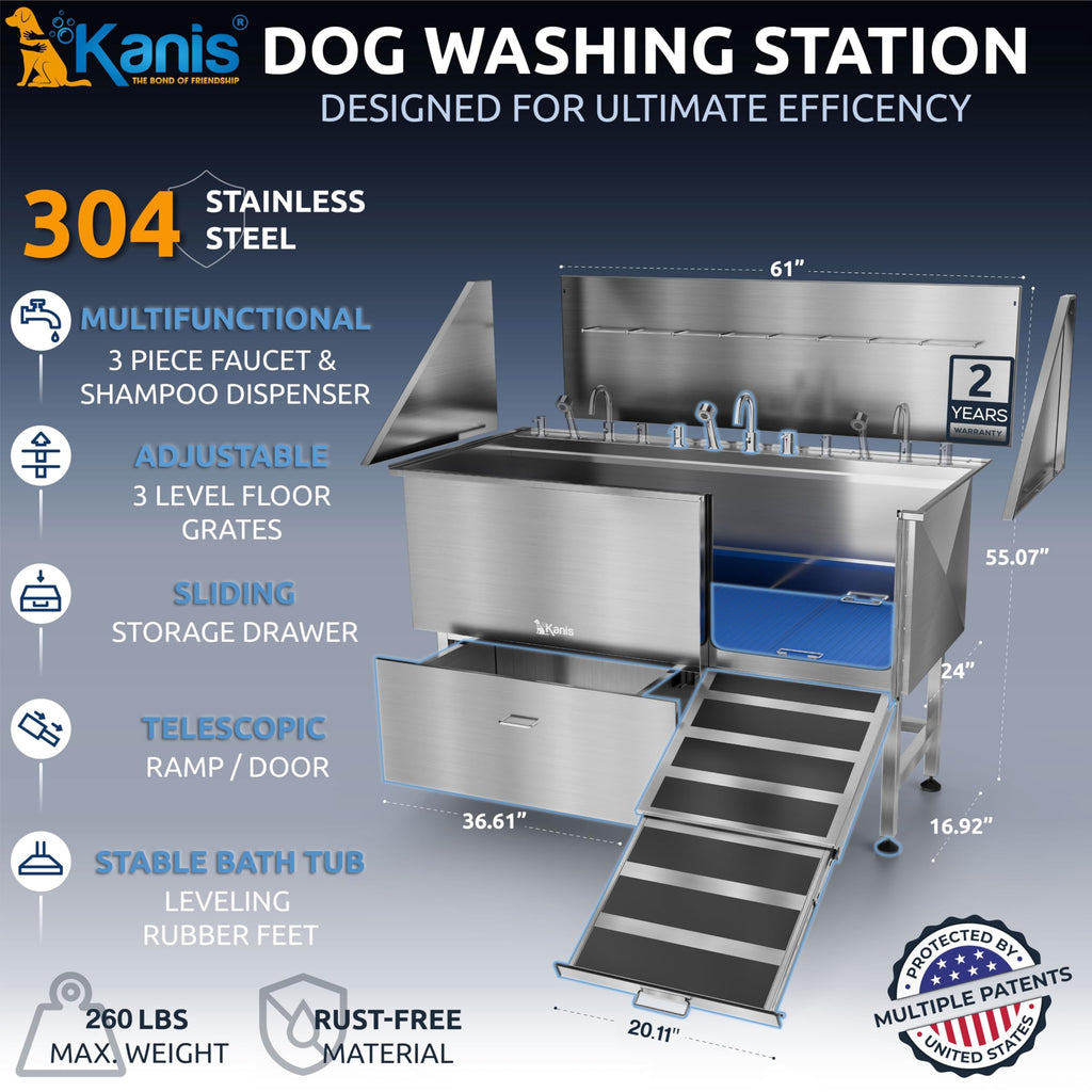 KANIS Professional Dog Washing Station 304 Stainless Steel Pet Wash Sink & Grooming Bathtub w/Shower, Floor Grates and Storage for Large, Medium & Small Pets (Silver, 50 Inches, Right Ramp, 1 Drawer)