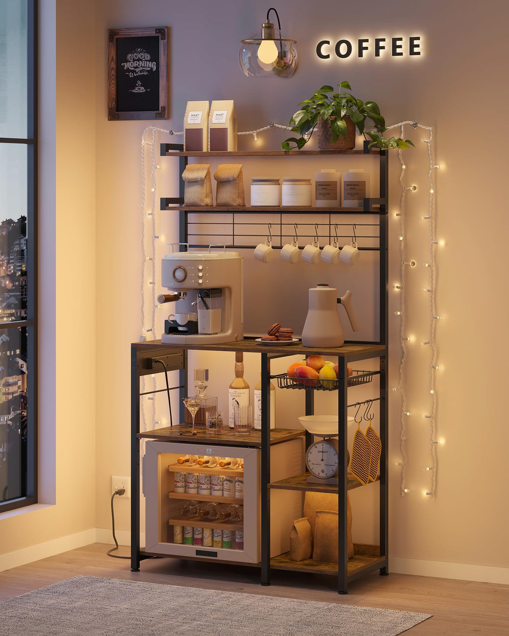 VASAGLE Kitchen Bakers Rack with Power Outlet, Coffee Bar with 35.4-Inch High Worktop, Microwave Stand with 8 Hooks, 15.7 x 31.5 x 66.9 Inches, Golden Oak and Cloud White UKKS059Y01