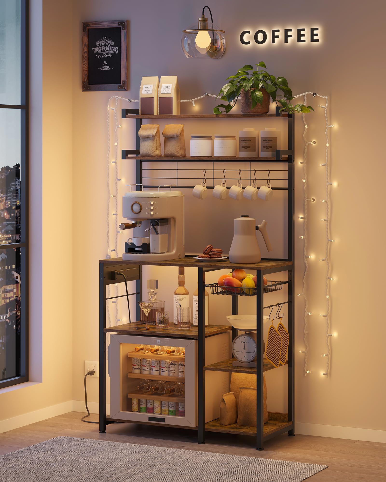 VASAGLE Kitchen Bakers Rack with Power Outlet, Coffee Bar with 35.4-Inch High Worktop, Microwave Stand with 8 Hooks, 15.7 x 31.5 x 66.9 Inches, Golden Oak and Cloud White UKKS059Y01