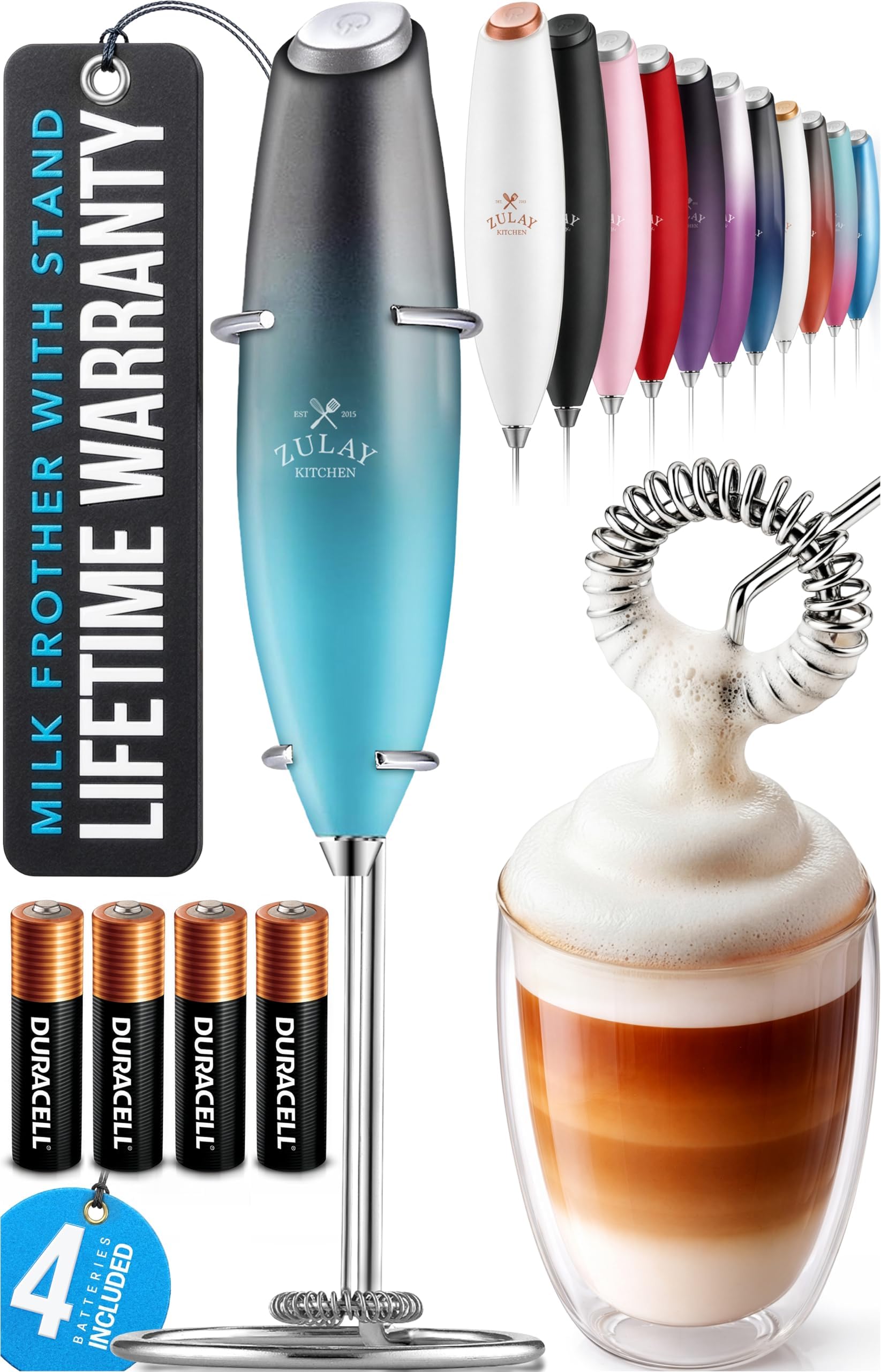 Zulay Kitchen Powerful Milk Frother Wand With Duracell Batteries - Ultra Fast Handheld Drink Mixer - Electric Whisk Foam Maker for Coffee, Lattes, Cappuccino & Matcha - Z1 Motor - Black