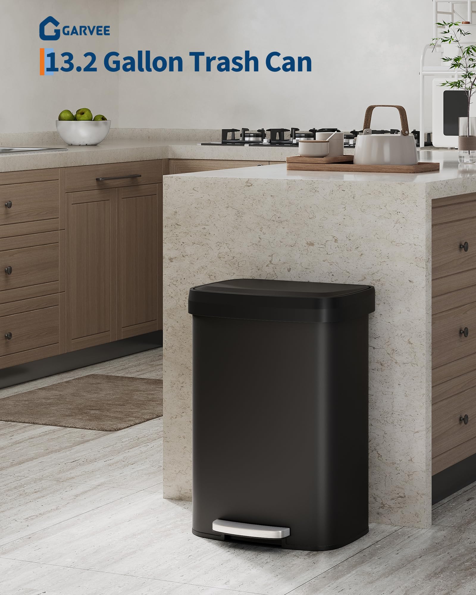Garvee 13 gal / 50 L Stainless Steel Trash Can with Lid, Large Garbage Can for Kitchen, Rustproof Step-on Kitchen Metal Trash Bin with Liner Rim, Rear Handle, Soft Close Plastic Lid, Silver