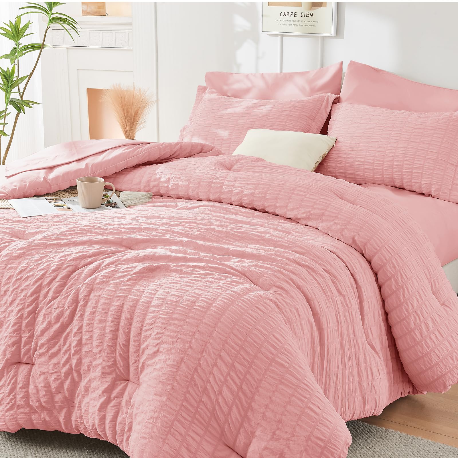 HYMOKEGE Twin XL Comforter Set Seersucker 5 Pieces, All Season Luxury Bed in a Bag for Bedroom, Bedding Set with Comforter, Sheet, Pillowcase & Sham, Dark Grey