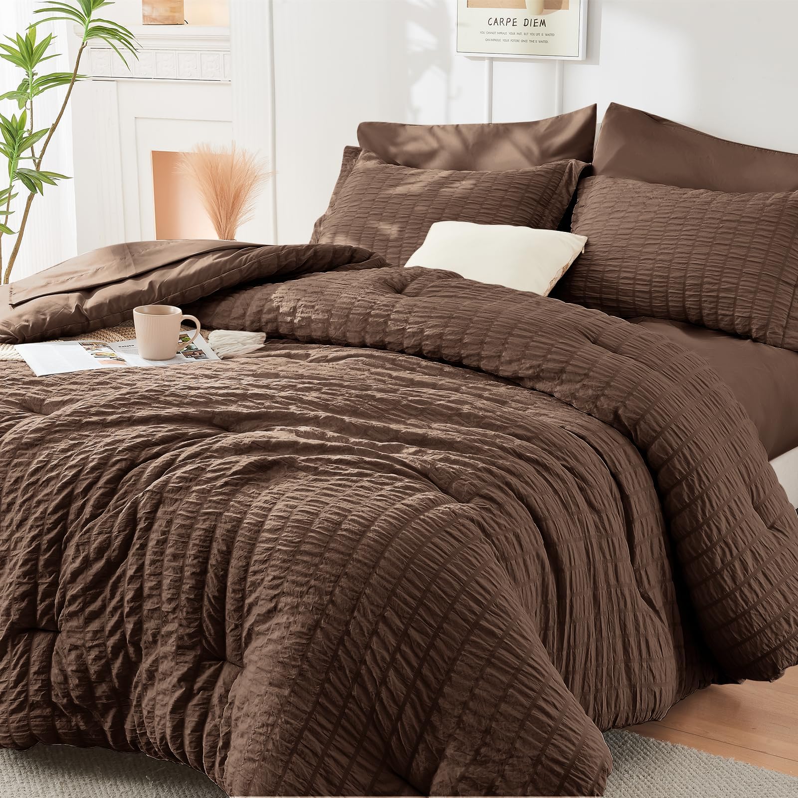 HYMOKEGE Twin XL Comforter Set Seersucker 5 Pieces, All Season Luxury Bed in a Bag for Bedroom, Bedding Set with Comforter, Sheet, Pillowcase & Sham, Dark Grey