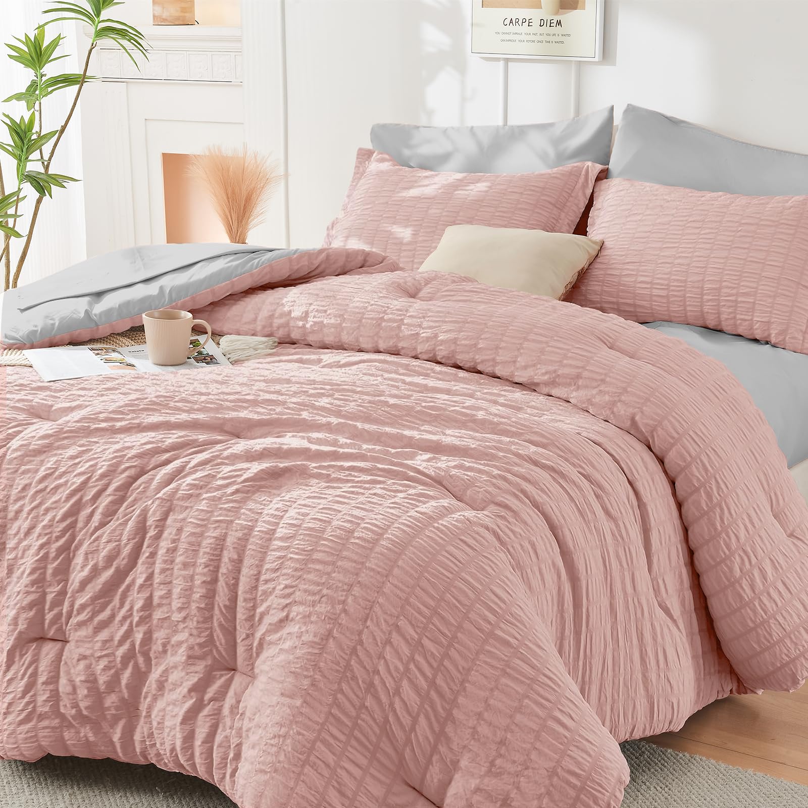 HYMOKEGE Twin XL Comforter Set Seersucker 5 Pieces, All Season Luxury Bed in a Bag for Bedroom, Bedding Set with Comforter, Sheet, Pillowcase & Sham, Dark Grey