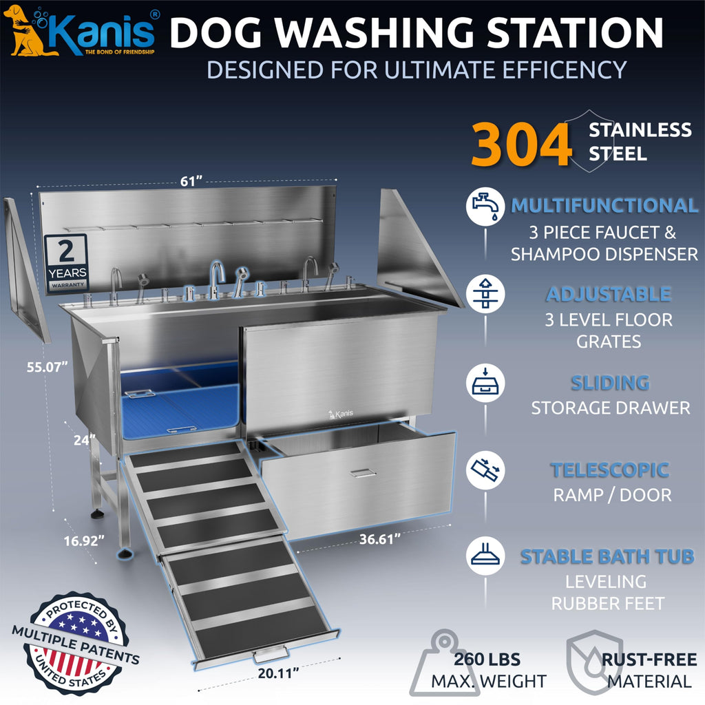 KANIS Professional Dog Washing Station 304 Stainless Steel Pet Wash Sink & Grooming Bathtub w/Shower, Floor Grates and Storage for Large, Medium & Small Pets (Silver, 50 Inches, Right Ramp, 1 Drawer)