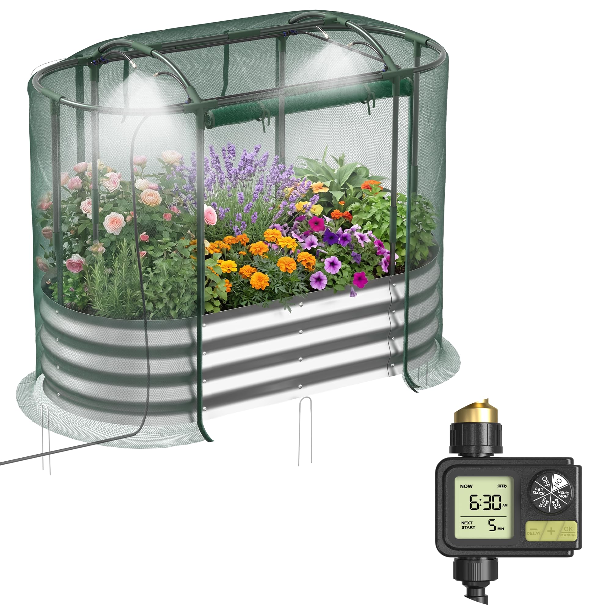 Lineware Raised Garden Bed with Sprinkler Timer and Self-Watering System, 6x3x1 ft Elevated Planter Boxes Outdoor with Mesh Cover, Galvanized Raised Beds for,Vegetables,Flowers, Backyard, Patio
